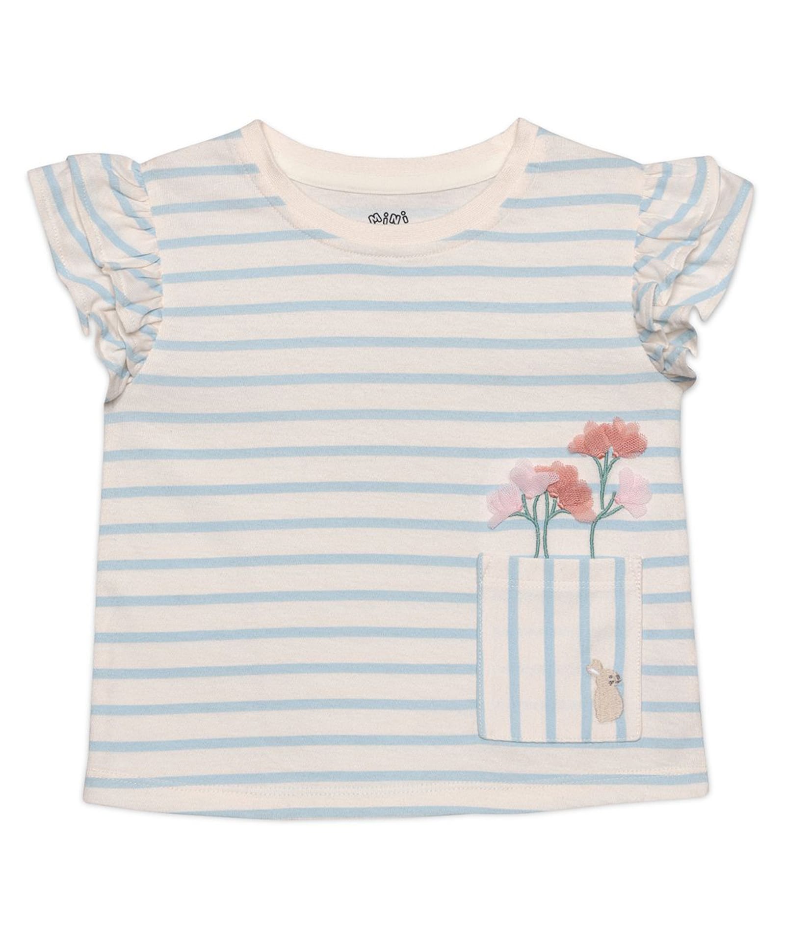 MINI KLUB Cotton Half Sleeves Striped & Floral Applique Top - Blue & Pink-image-13