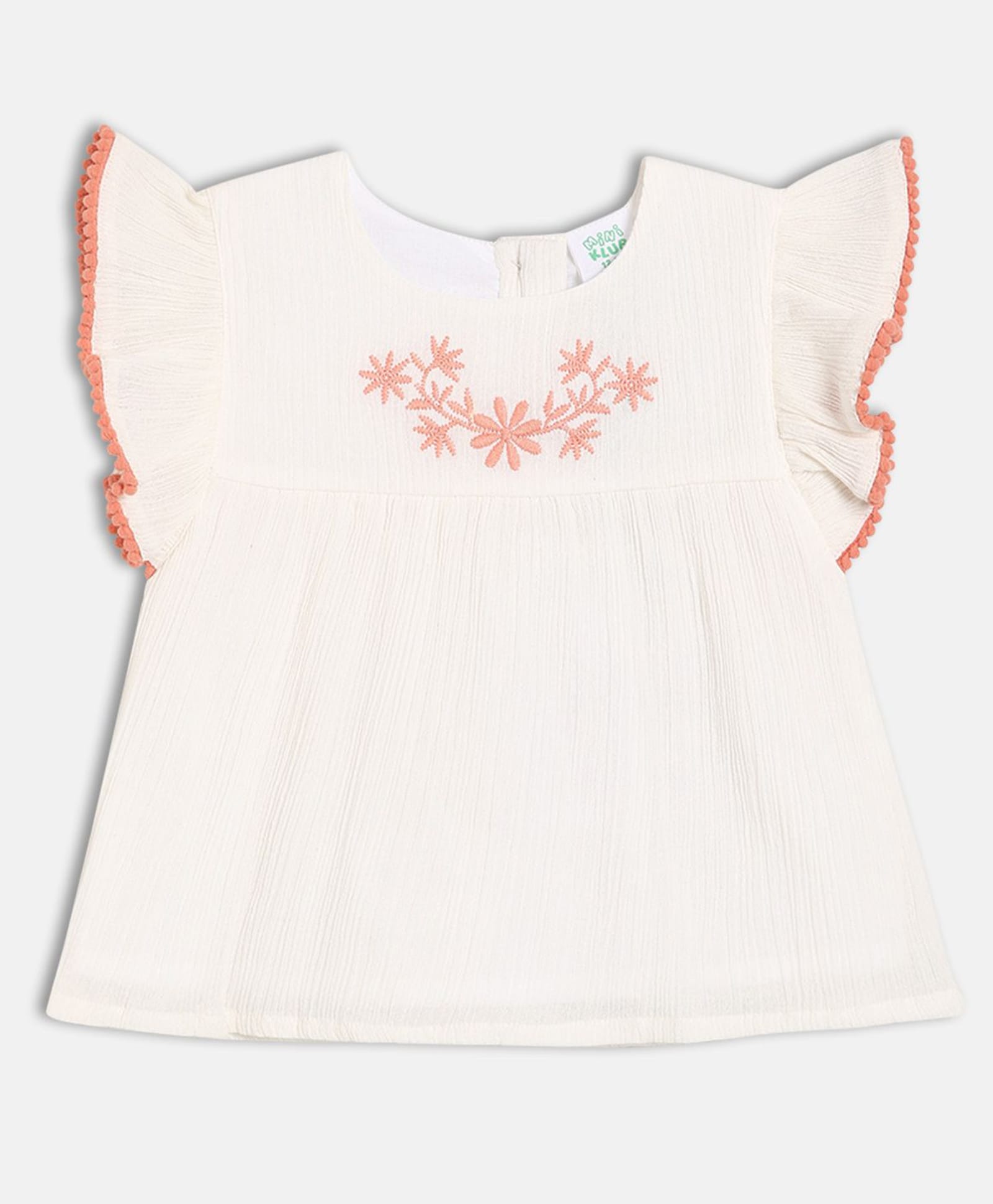 MINI KLUB Cotton Woven Half Sleeves Floral Embroidered Top - White-picture-33