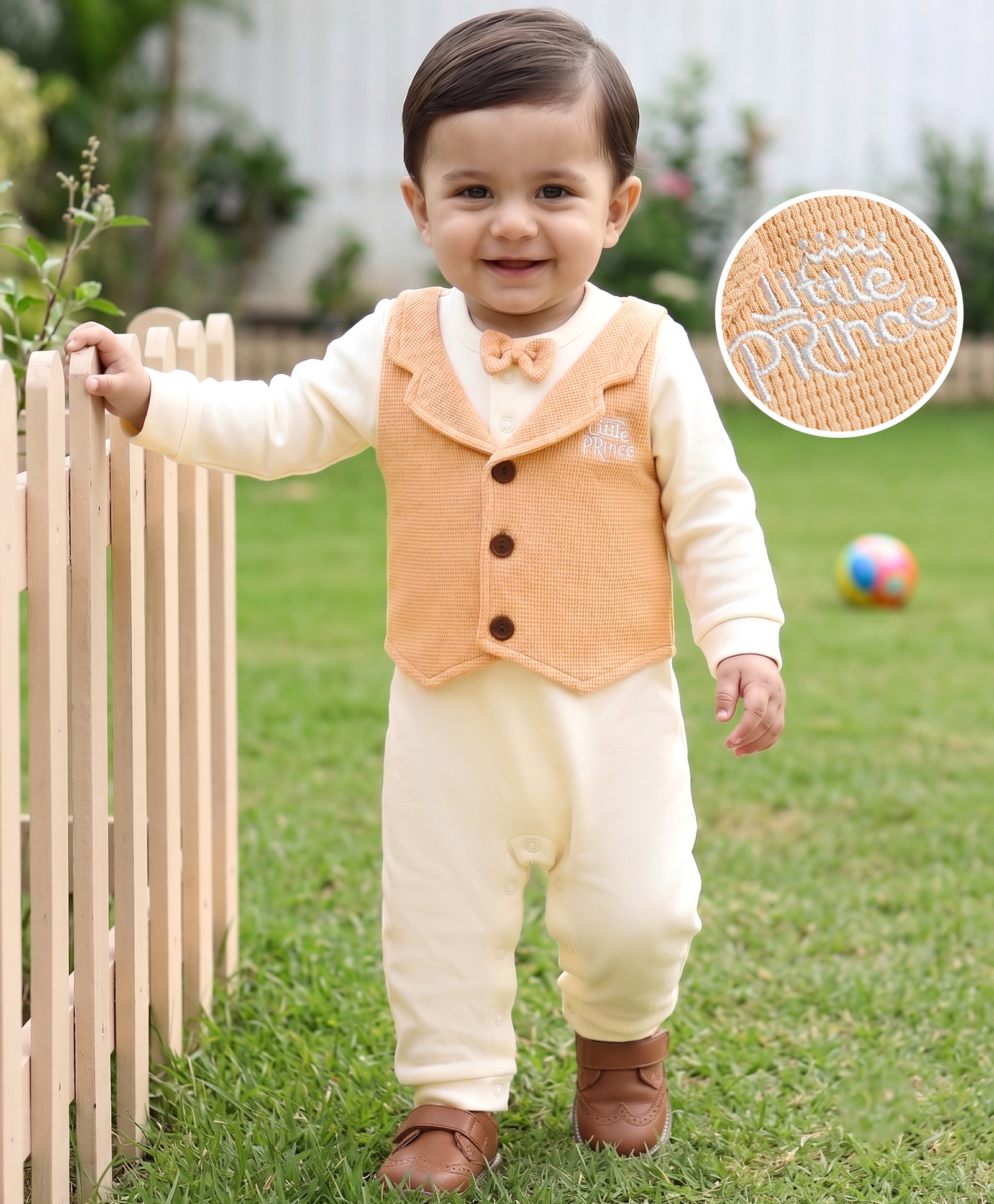 Babyhug 100% Cotton Woven Full Sleeves Text Embroidered Party Romper With Attached Waistcoat & Bow Applique - White & Peach-image-15
