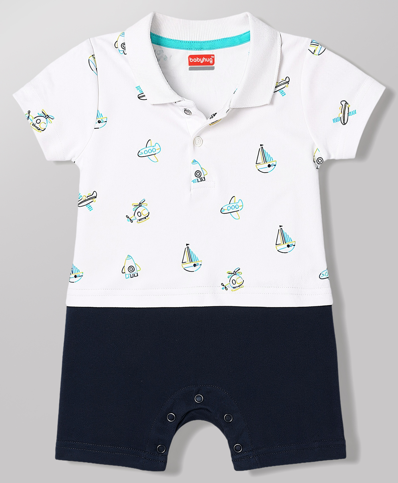 Babyhug 100% Cotton Knit Half Sleeves Vehicles Printed Romper - Multicolor-image-30