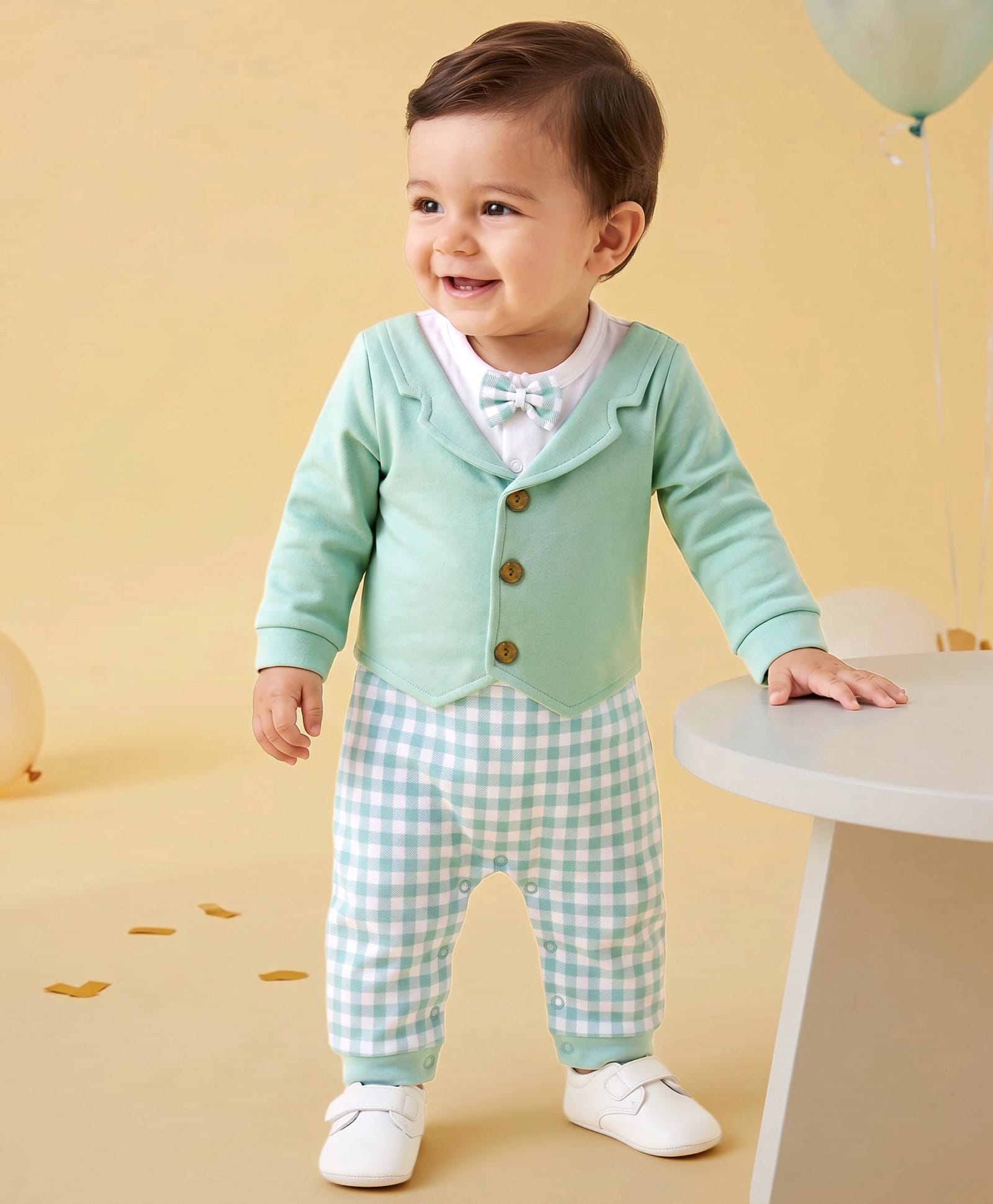 Babyhug Interlock Woven Half Sleeves Partywear Checked Pattern Romper With Attached Waistcoat & Bow - Light Green-image-40