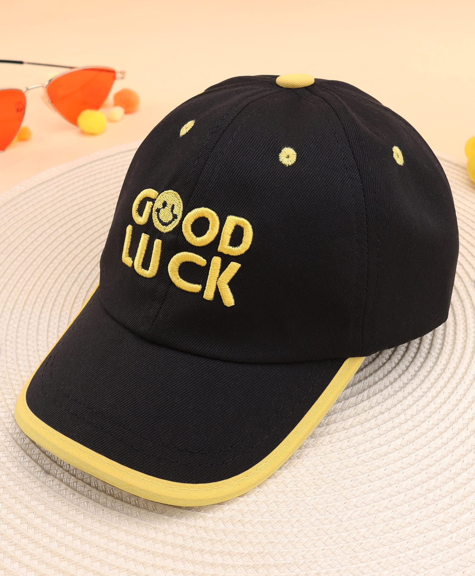 KIDLINGSS Cotton Good Luck Text Embroidered Baseball Cap - Black - Circumference 52 - 54 Cm-image-1