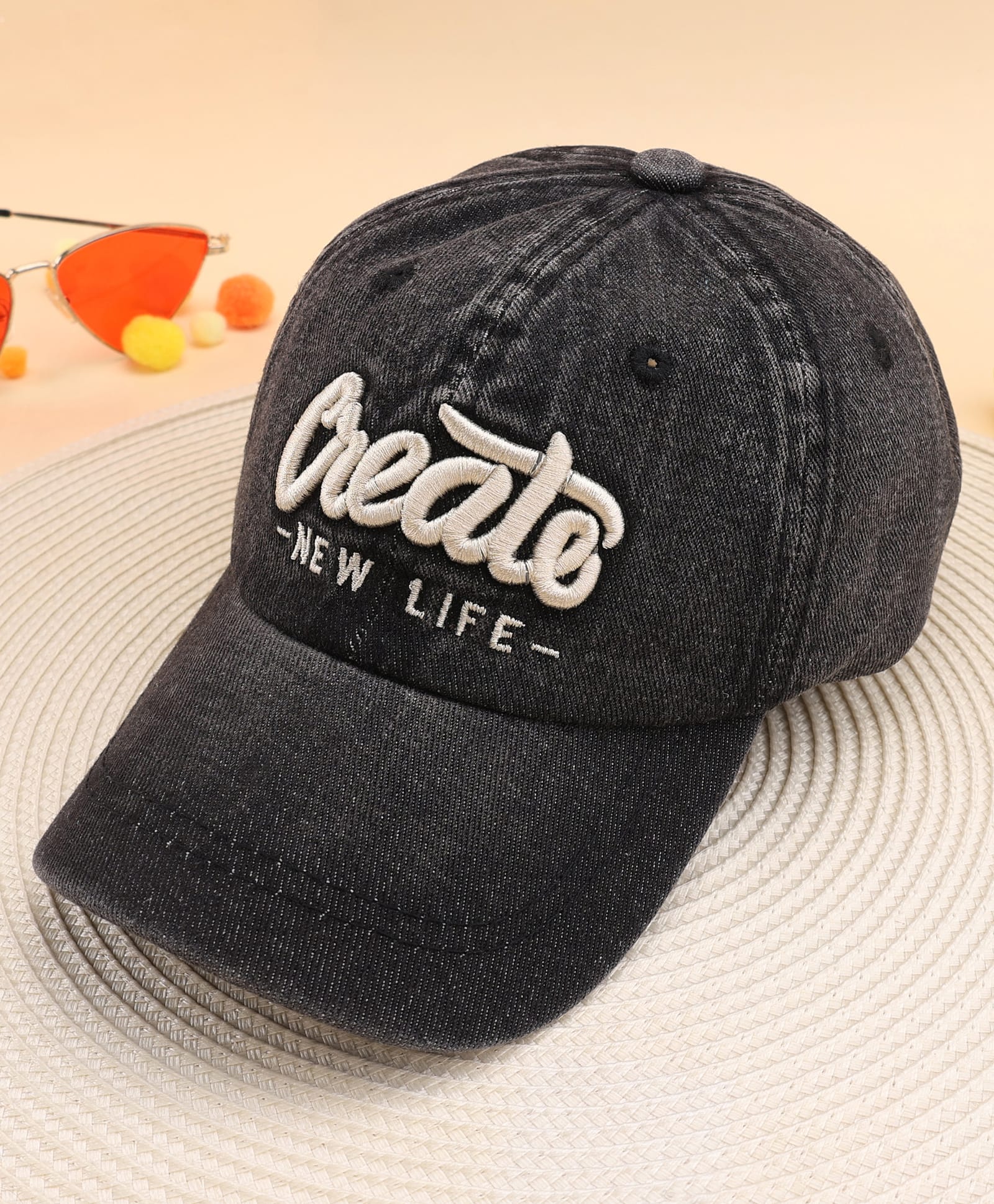 KIDLINGSS Create New Life Text Embroidered Denim Cap - Black - Circumference 52-55 Cms-image-30