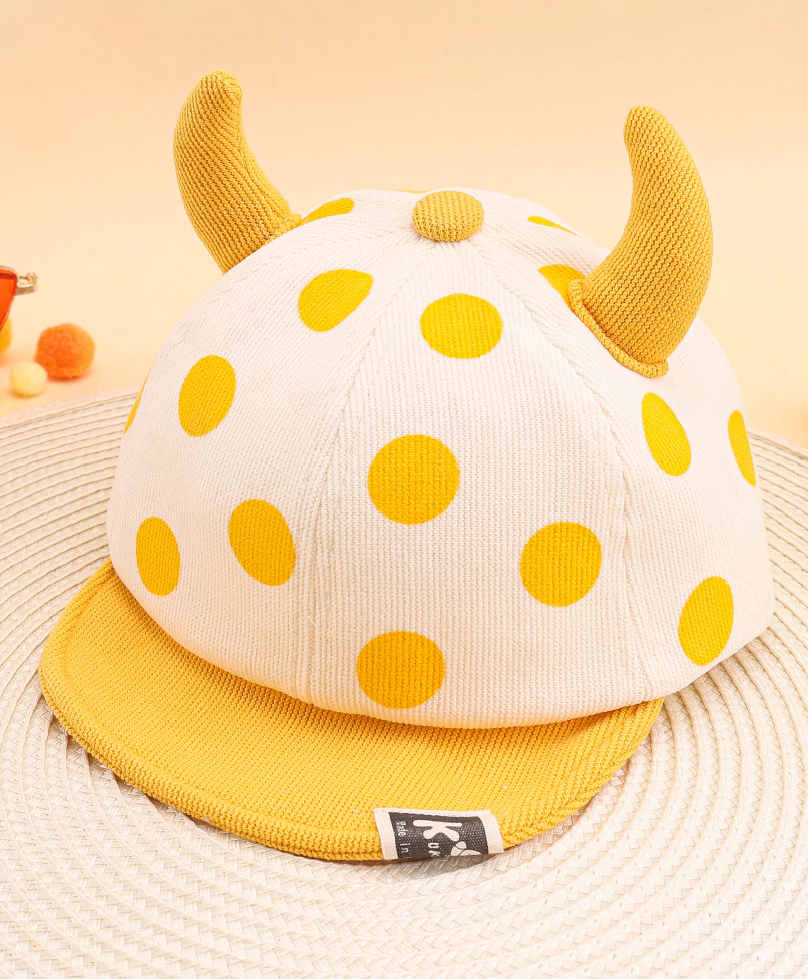 KIDLINGSS Polka Dots Printed Horns Applique Detailed Cap - Yellow - Circumference 47-50 Cms-picture-13