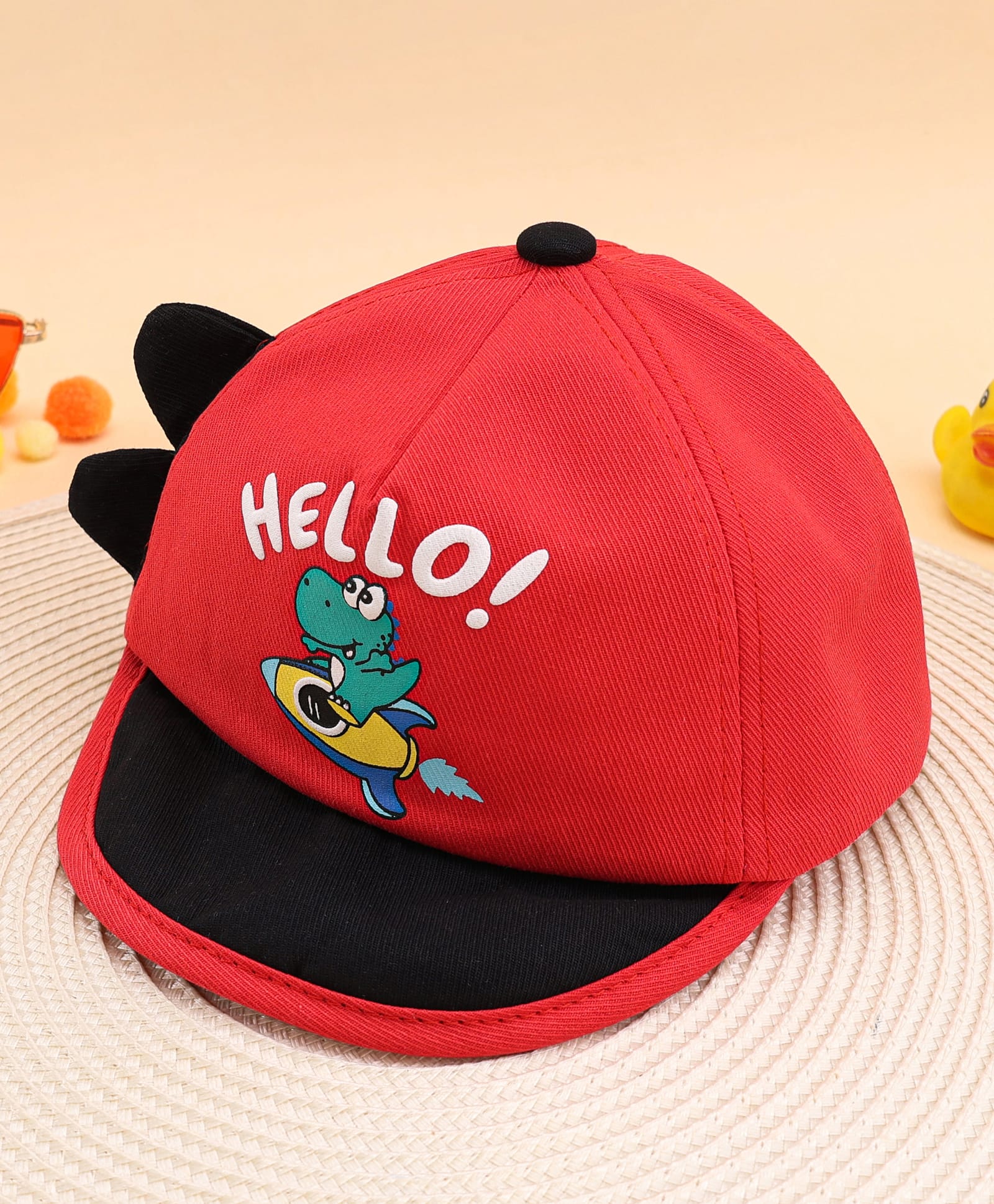 KIDLINGSS Cotton Hello Text & Dinosaur Printed Cap - Red - Circumference 48 - 50 Cm-image-17