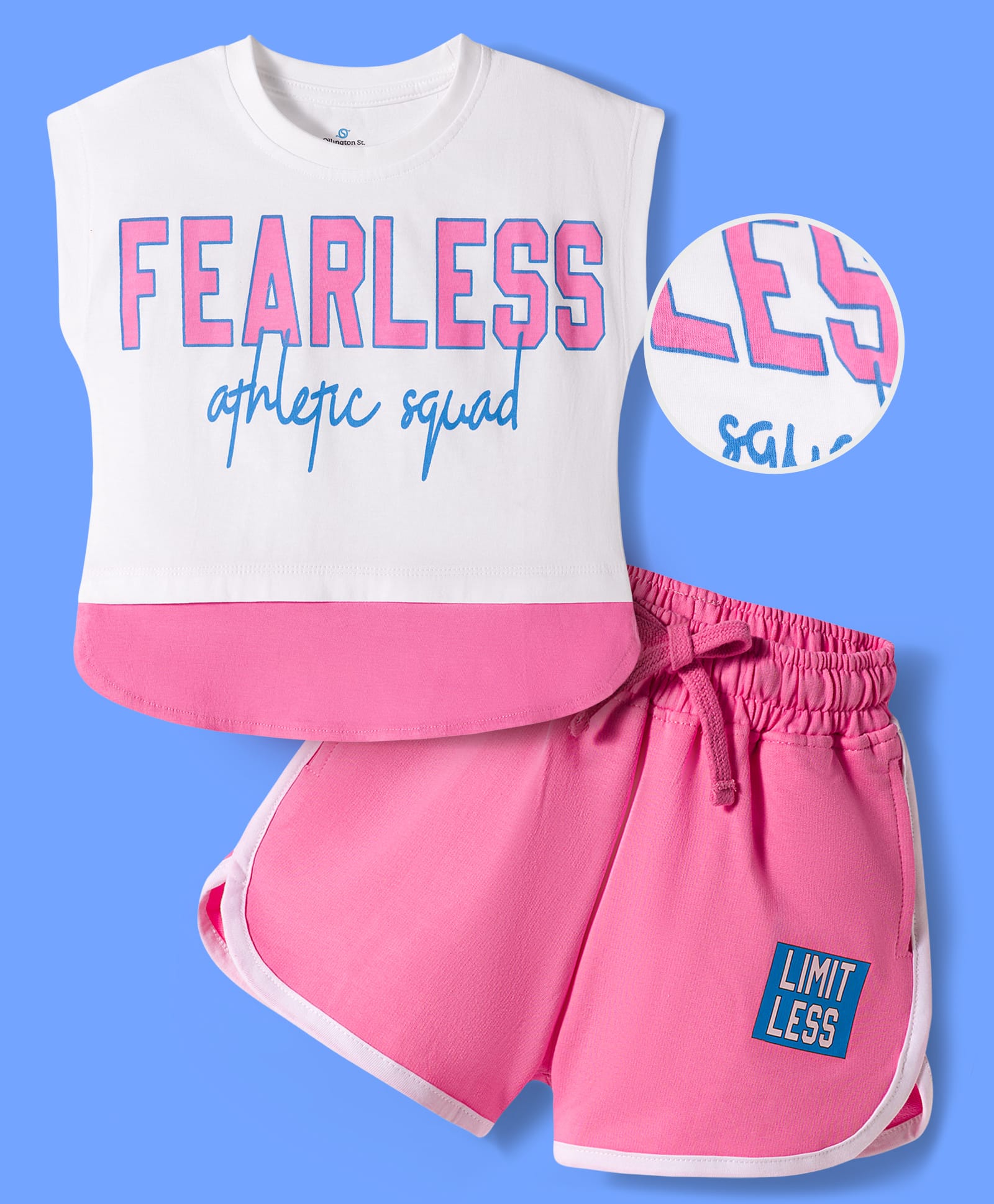 OLLINGTON ST. Cotton Knit Sleeveless Top With Print & Shorts Set - White & Pink-image-1