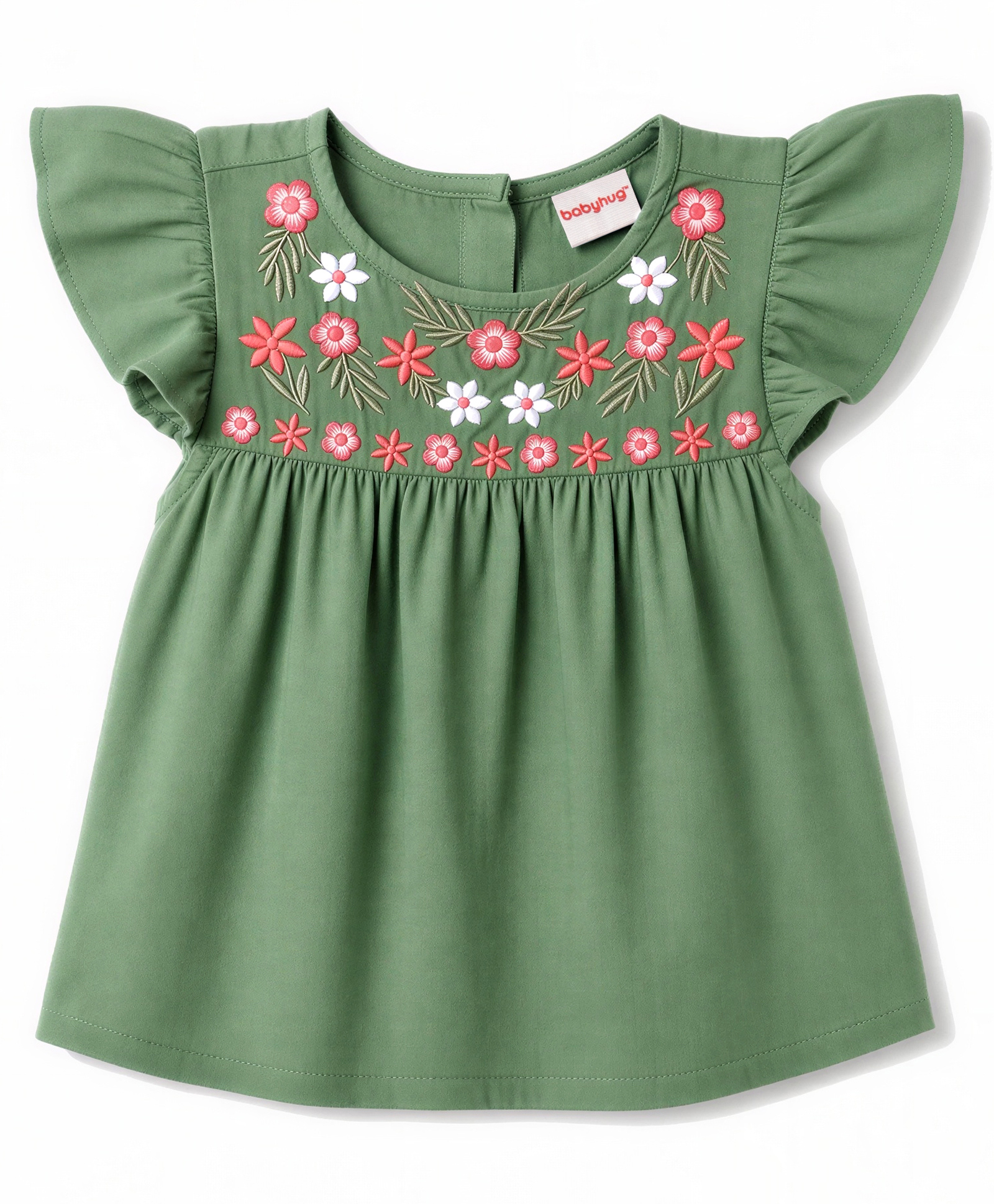 Babyhug 100% Cotton Woven Crepe Half Sleeves Floral Embroidered Top - Green-image-27