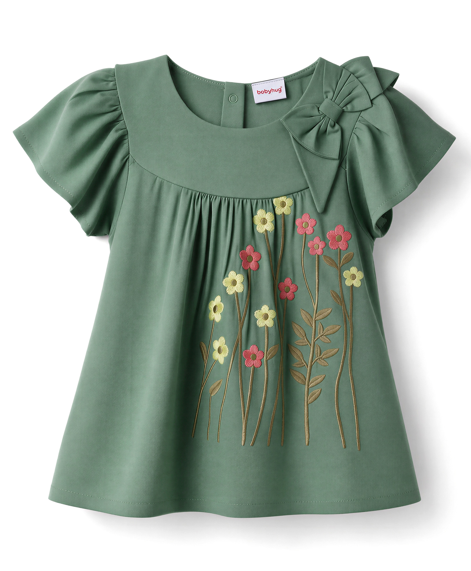 Babyhug Crinkled Crepe Woven Half Sleeves Top with Floral Embroidery - Olive-image-20