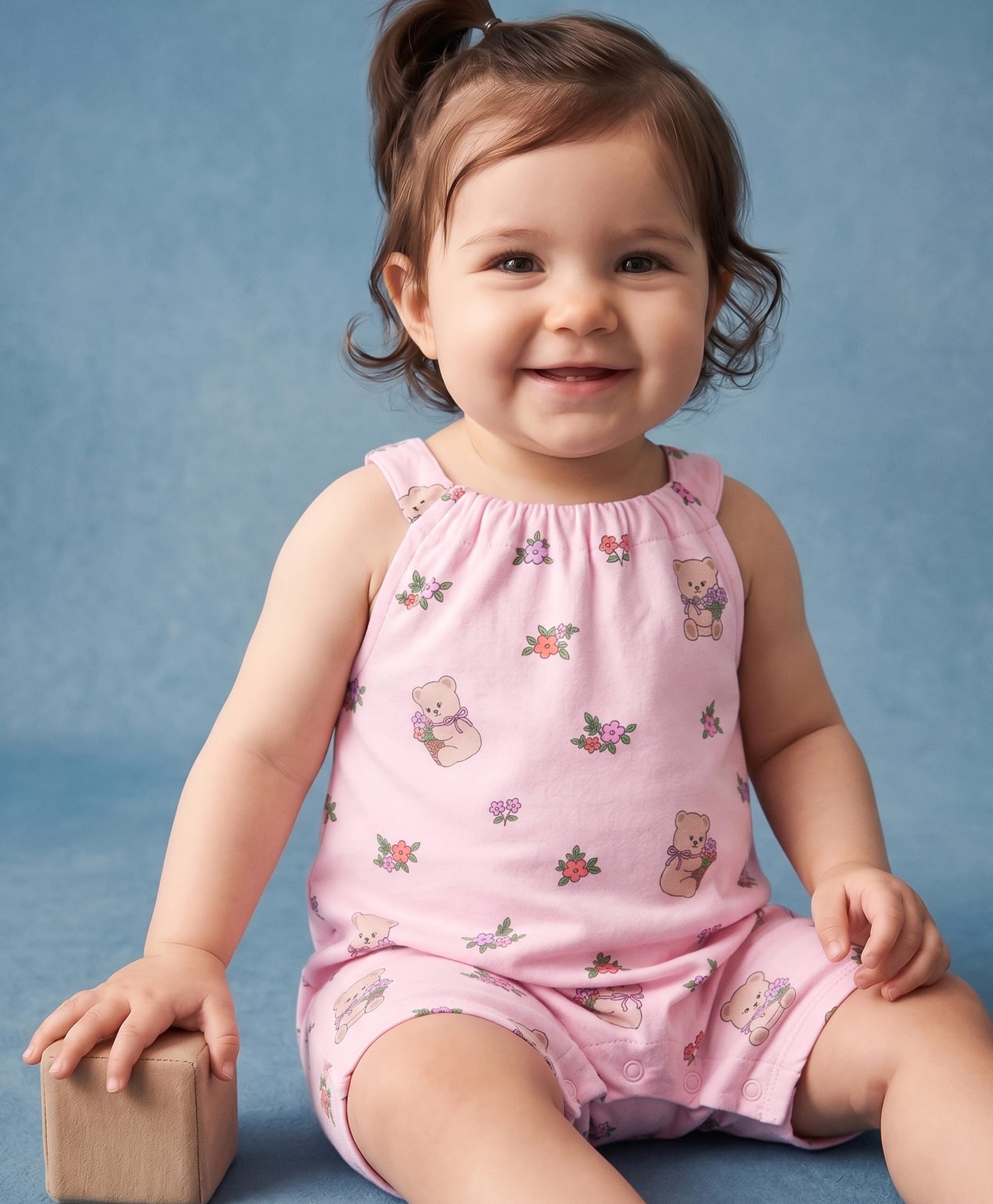 Babyhug 100% Cotton Knit Sleeveless Floral & Bear Printed Romper - Pink-image-38