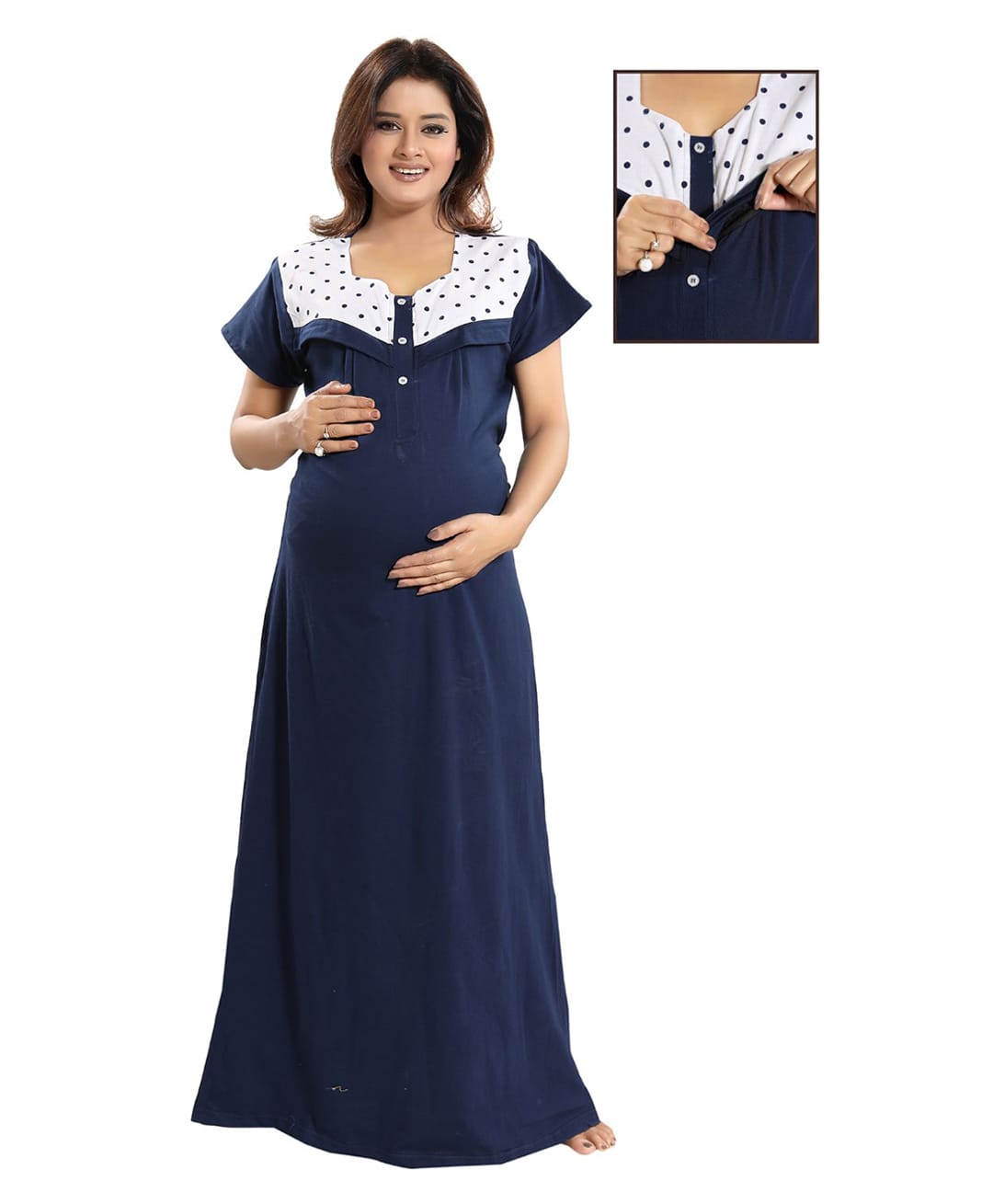Fabme Blended Woven Half Sleeves Polka Dots Printed Maternity Nighty With Side Zipper Nursing Access - Blue-image-34