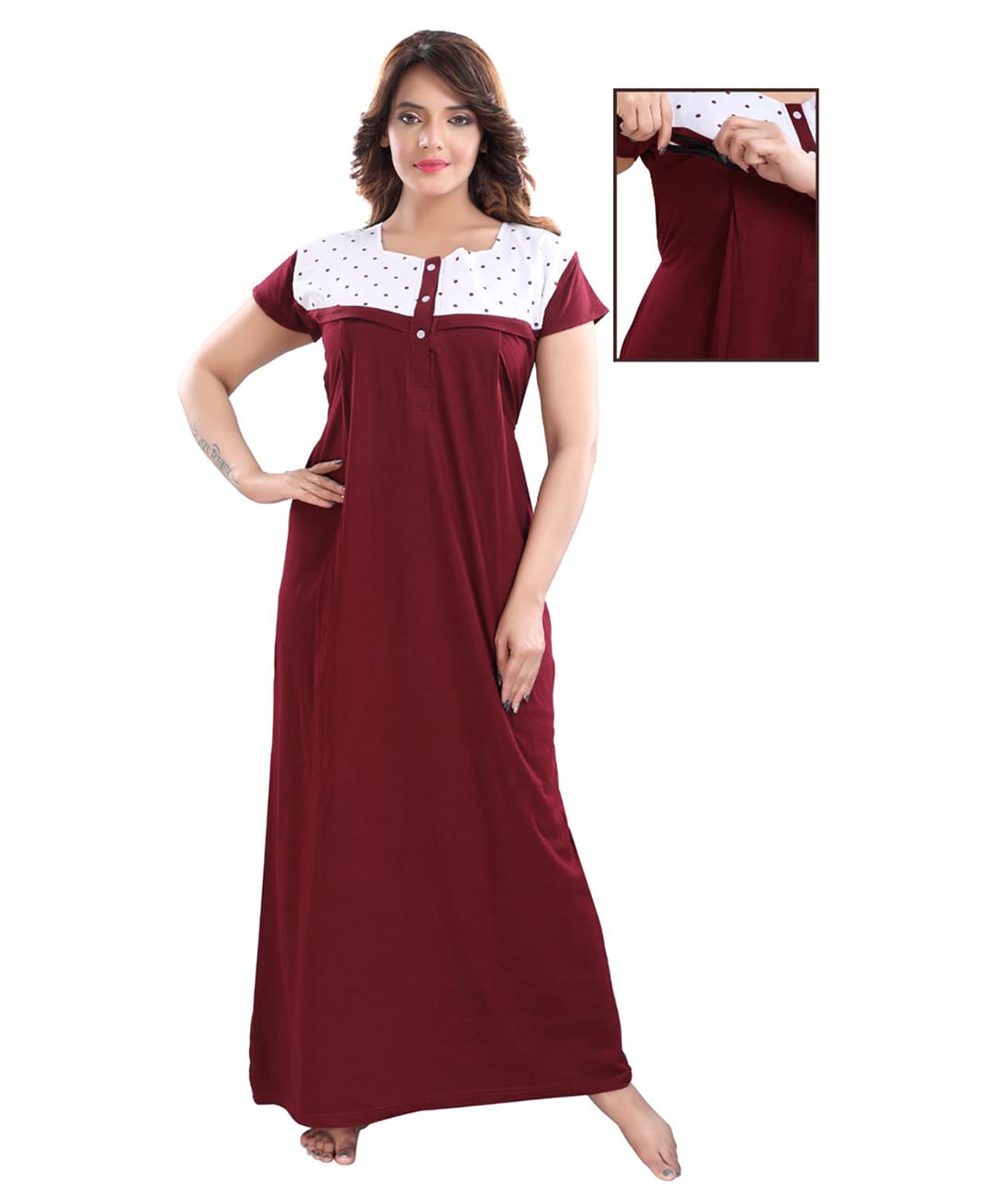 Fabme Blended Woven Half Sleeves Polka Dots Printed Maternity Nighty With Side Zipper Nursing Access - Purple-image-33
