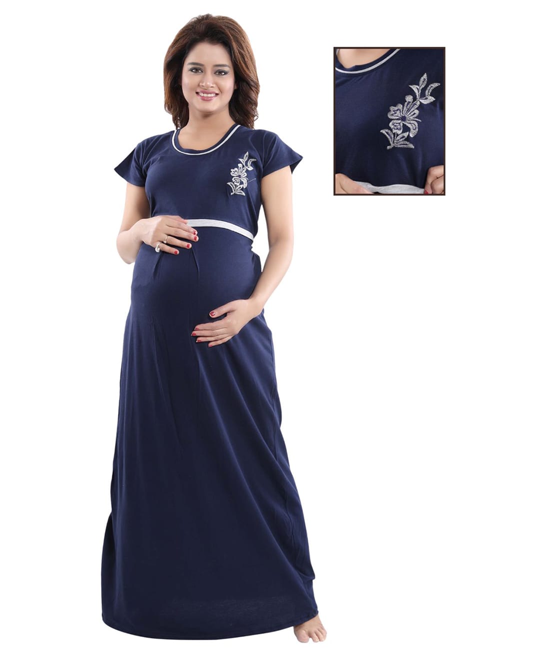 Fabme Knitted Woven Half Sleeves Floral Embroidered Maternity Nighty With Overlap Nursing Access - Blue-image-49