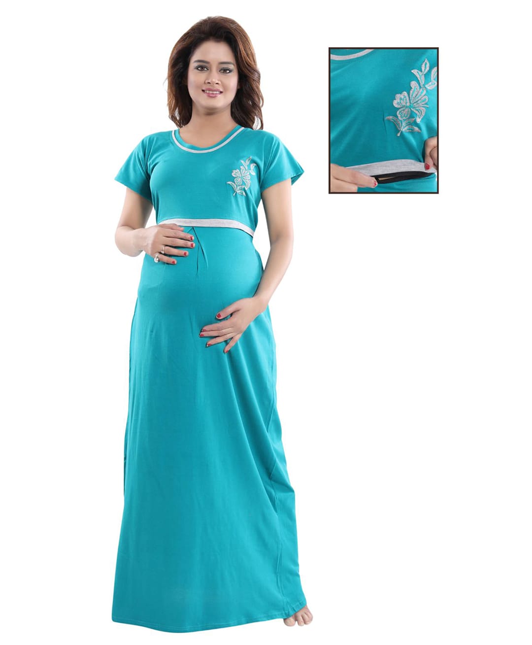Fabme Knitted Woven Half Sleeves Floral Embroidered Maternity Nighty With Overlap Nursing Access - Green-image-32