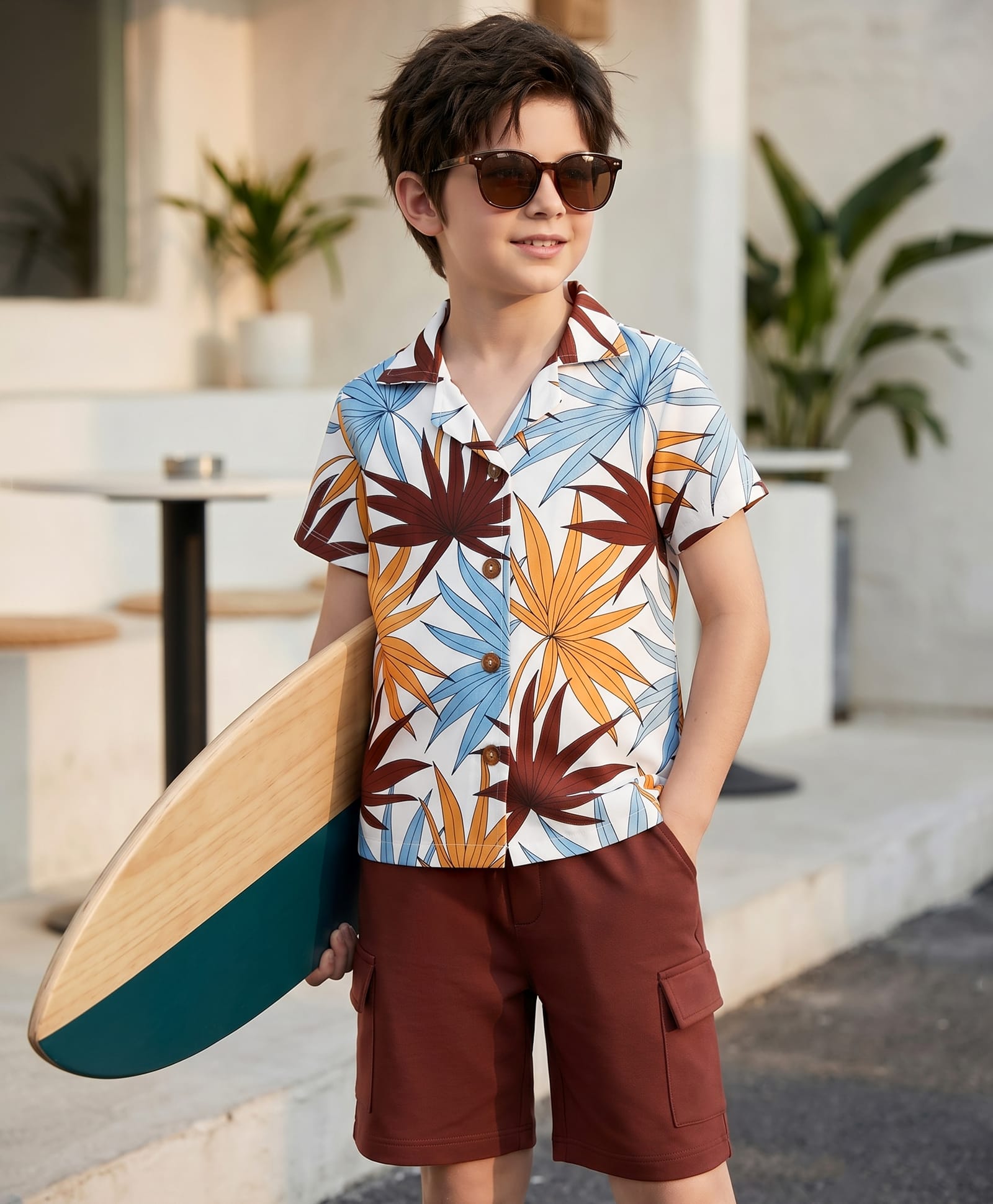 OLLINGTON ST. Cotton Knit Tropical Theme Printed Resort Collar Half Sleeve Shirt & Shorts Set -Multicolour & Brown-picture-13