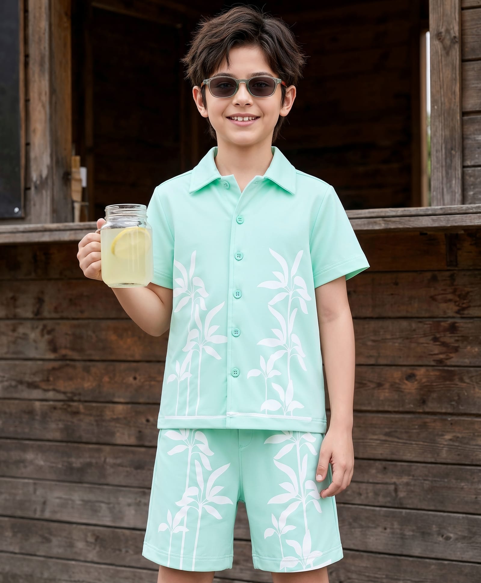 OLLINGTON ST. Interlock Knit Half Sleeves Shirt & Shorts Co-Ord Set With Floral Print - Light Blue-image-23