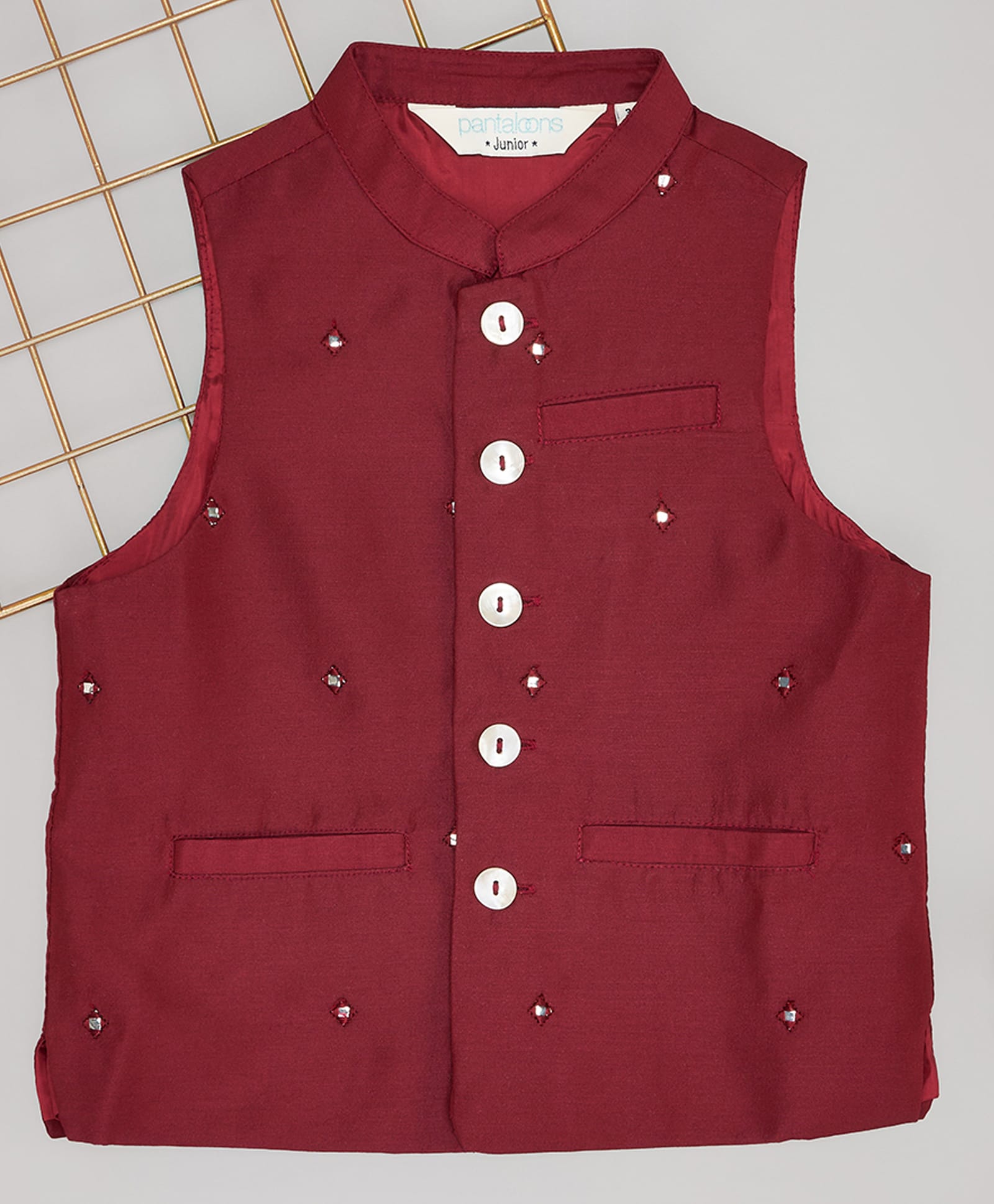 Indus Route by Pantaloons Woven Sleeveless Mirror Embellished Jacket - Maroon-picture-14