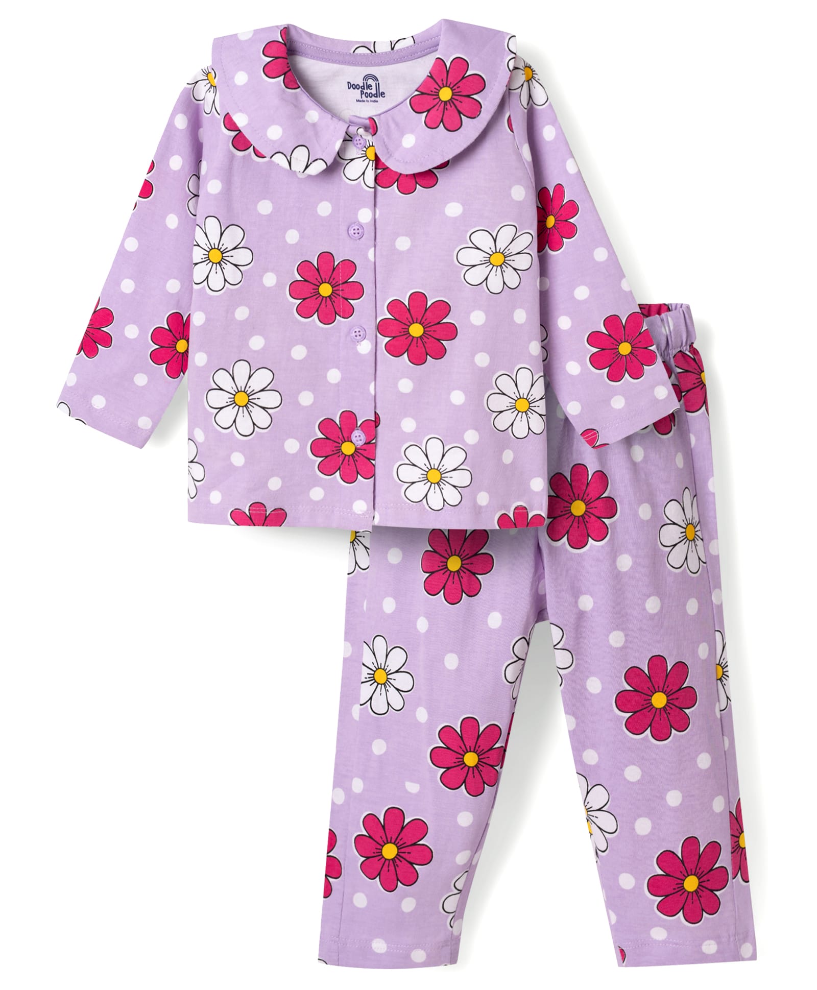 Doodle Poodle 100% Cotton Knit Full Sleeves Shirt & Pyjama Co-ord Night Suit with Floral Print - Purple-image-34