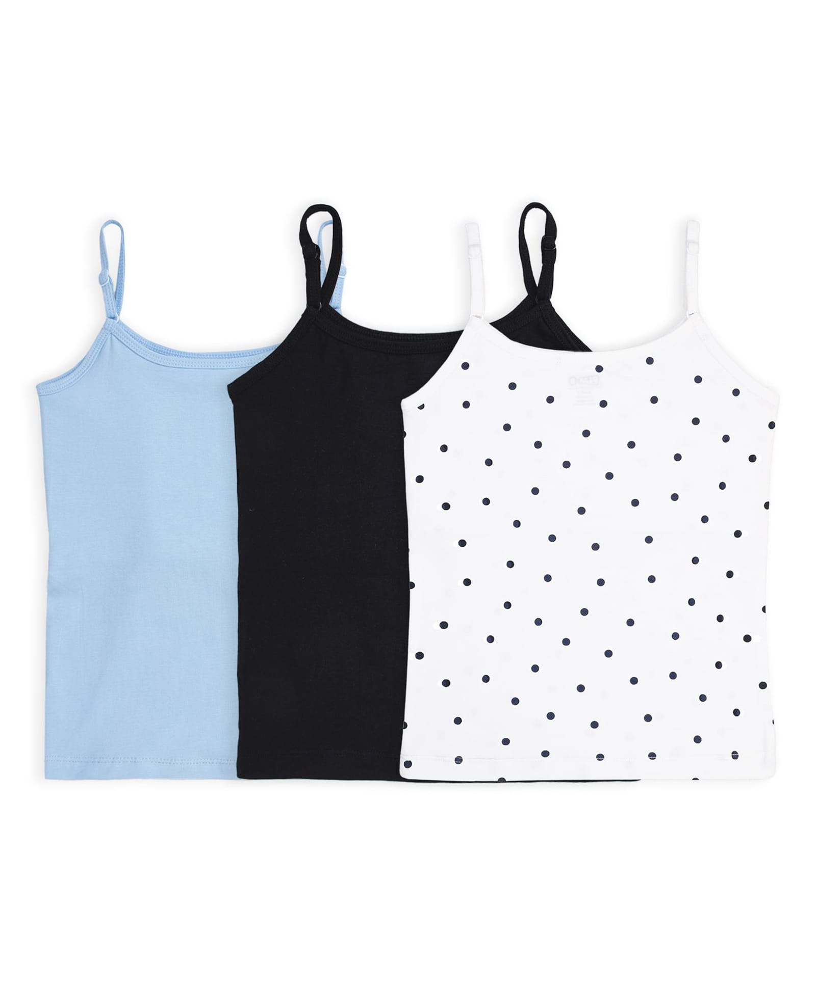 Plan B Cotton Knit Pack Of 3 Sleeveless Solid & Polka Dots Printed Padded Camisoles - White Black & Sky Blue-picture-25