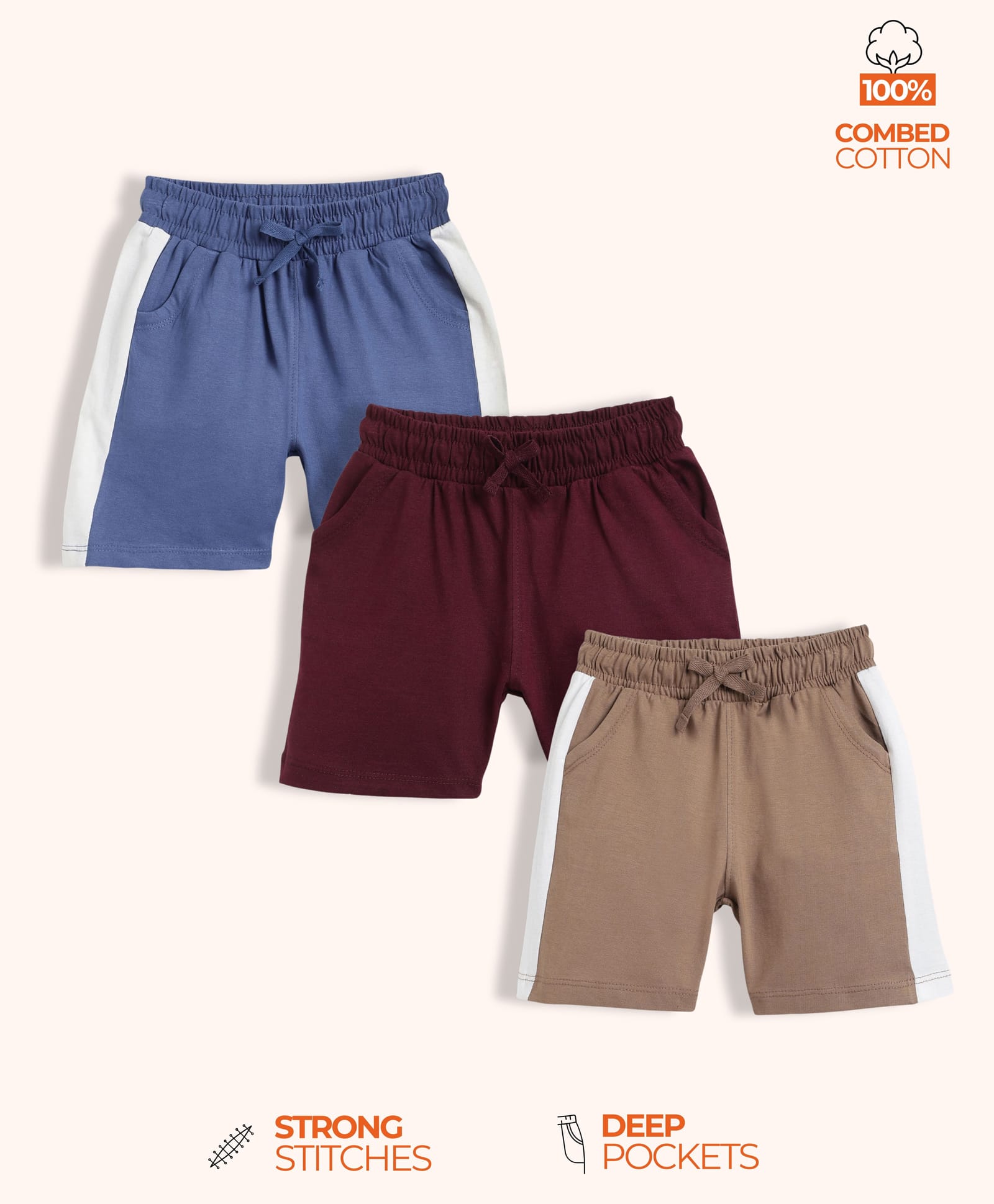 Orange Sugar 100% Cotton Knit Pack Of 3 Side Taped Shorts - Multi Colour-picture-23