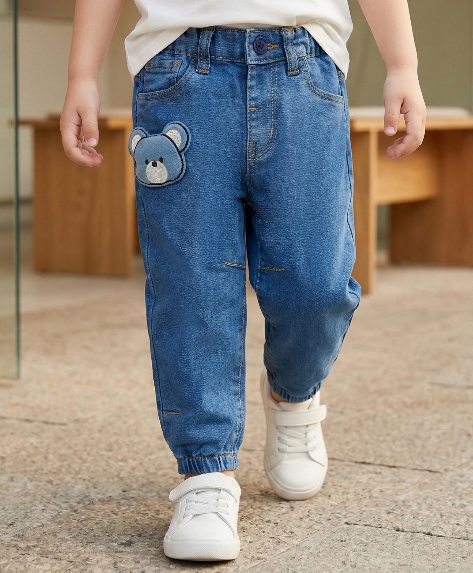 Babyoye Denim Full Length Washed Jeans With Teddy Applique - Blue-picture-21