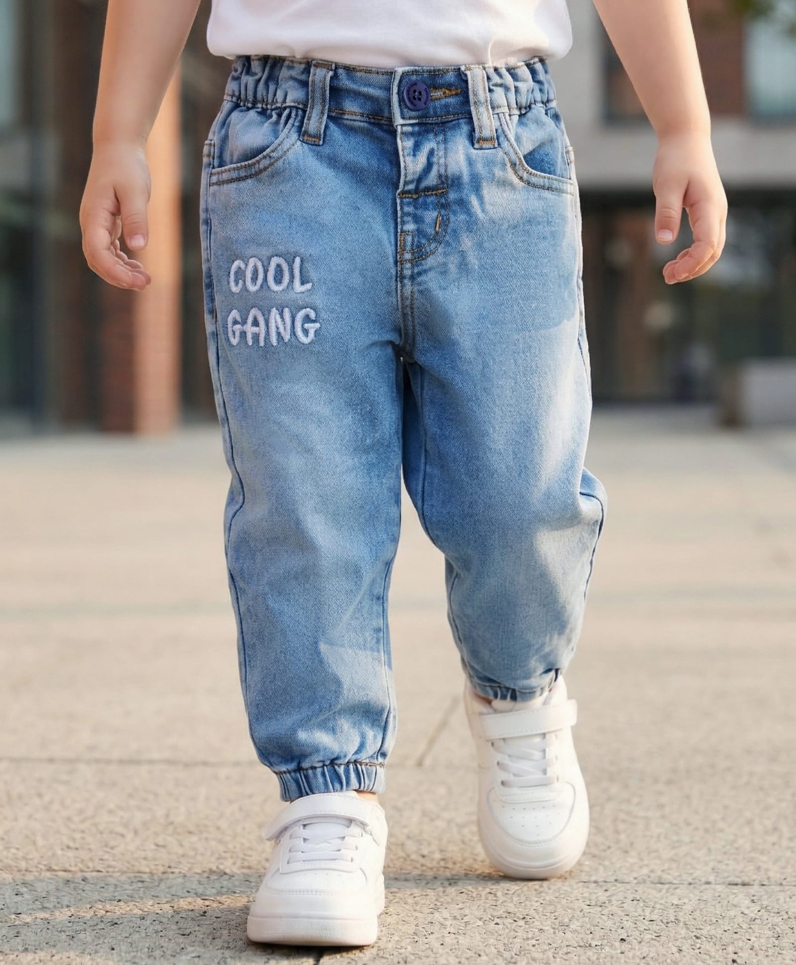Babyoye Denim Full Length Washed Jeans With Text Print - Blue-picture-26