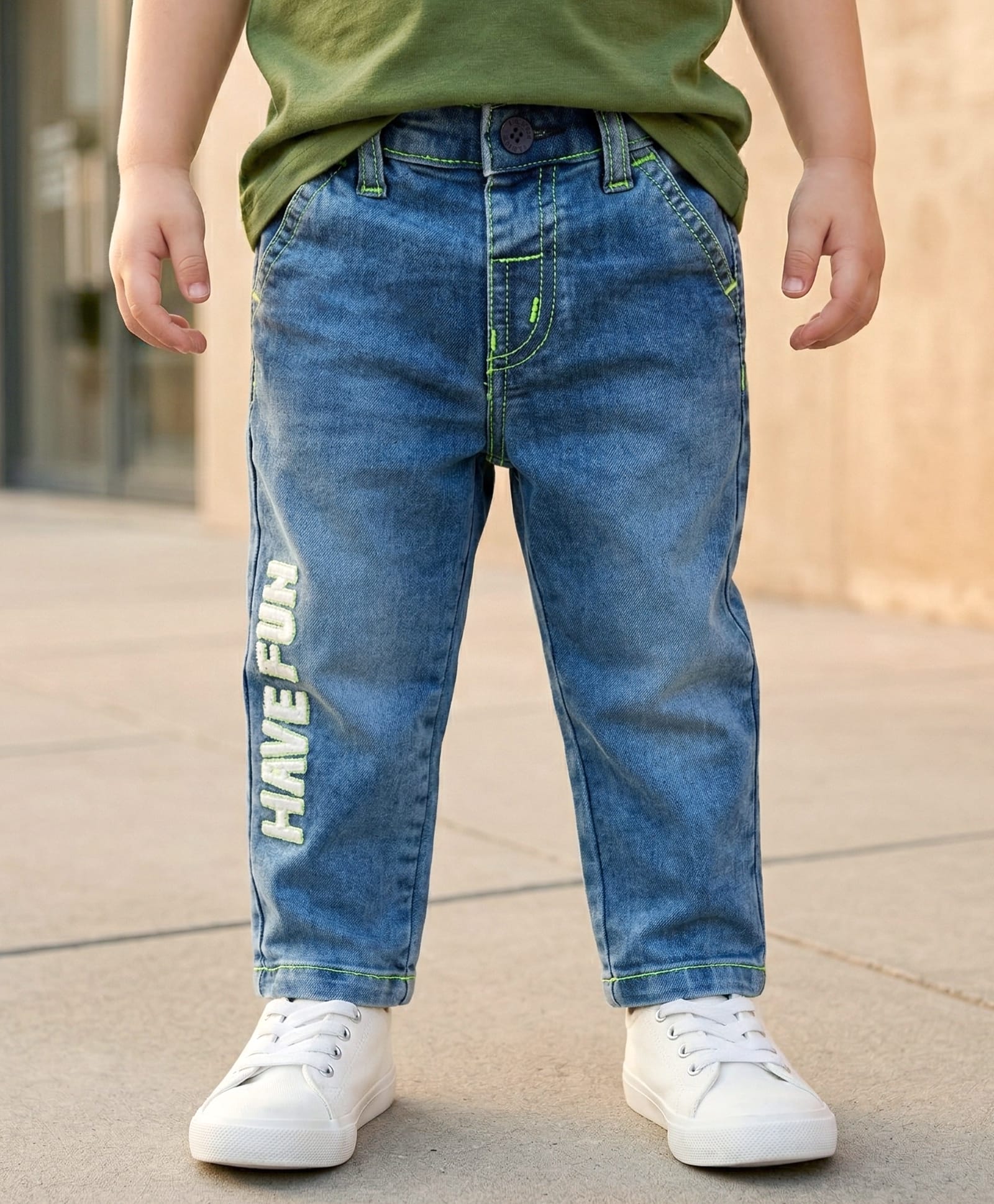 Babyoye Denim Full Length Washed Jeans With Text Print - Blue-picture-11
