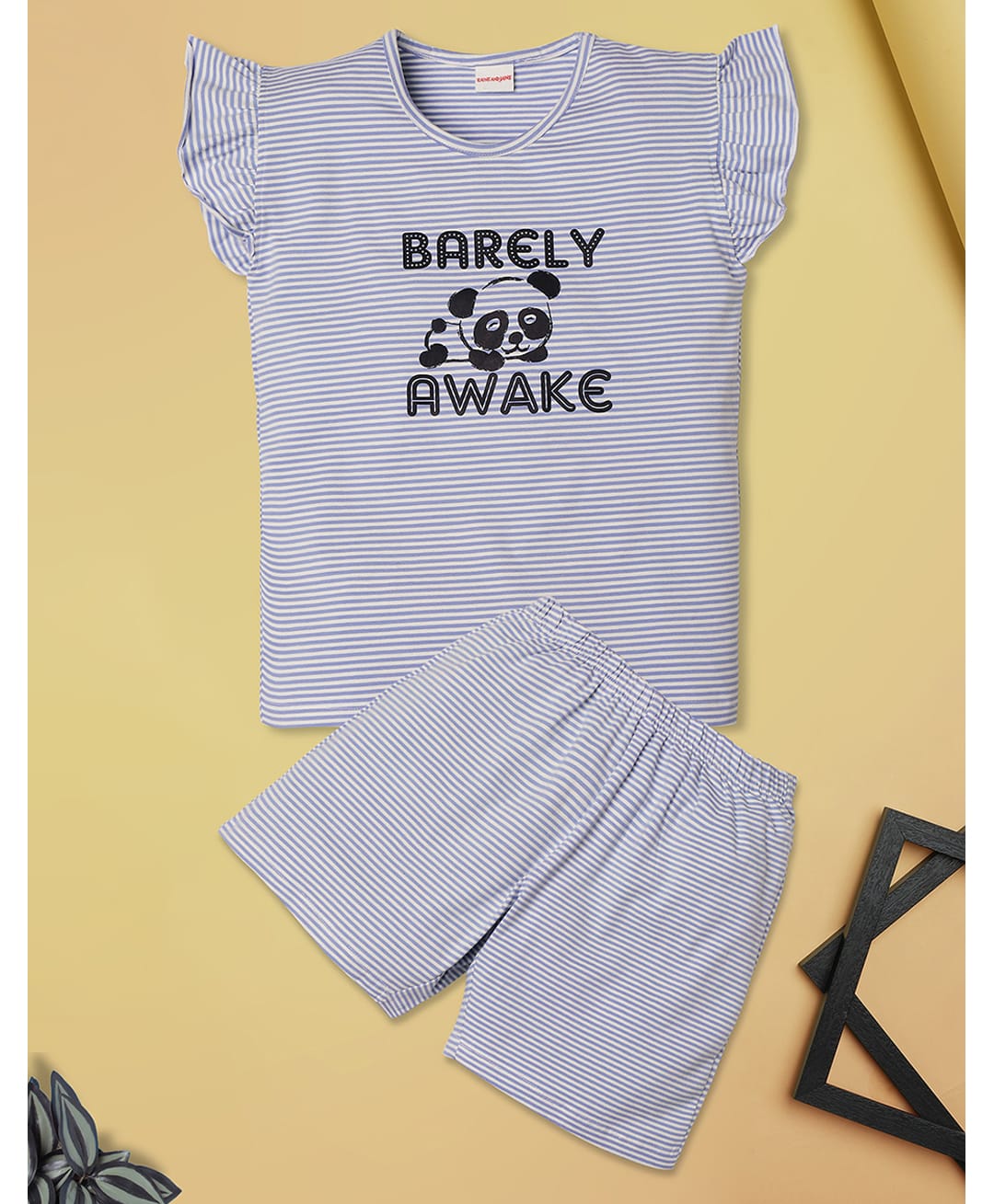 RAINE AND JAINE Cotton Knit Frill Sleeves Striped Barely Awake Text Printed Coordinating Tee & Shorts Night Suit - Blue-image-11