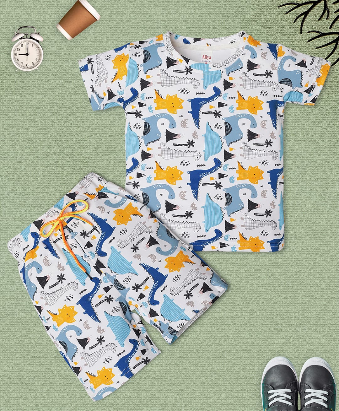 RAINE AND JAINE Cotton Knit Half Sleeves Dinosaur Printed Coordinating Tee & Shorts Night Suit - Blue & White-picture-20
