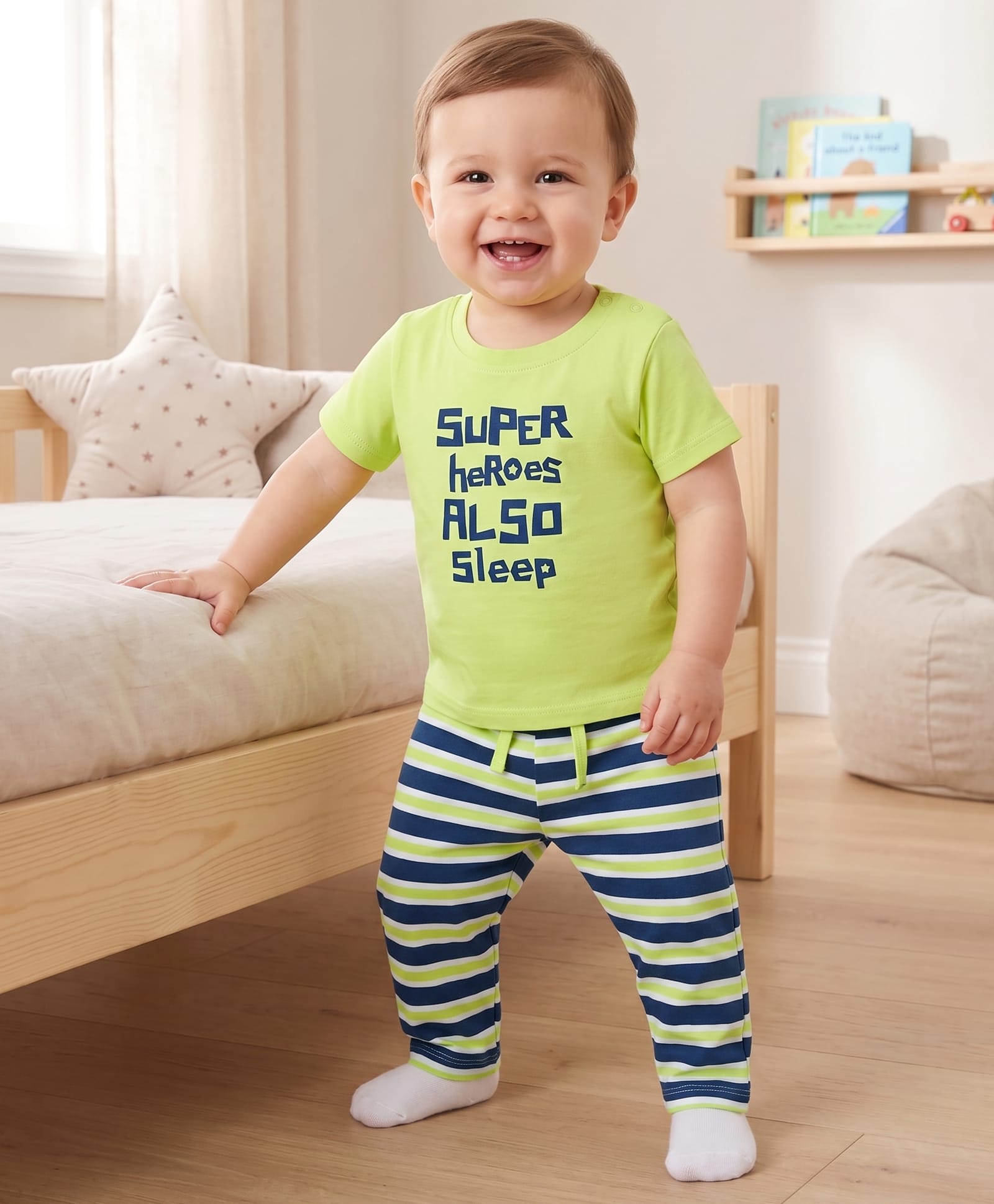 Doodle Poodle Single Jersey Knit Half Sleeves Striped & Text Printed T-Shirt & Pyjama Night Suit - Green-image-20