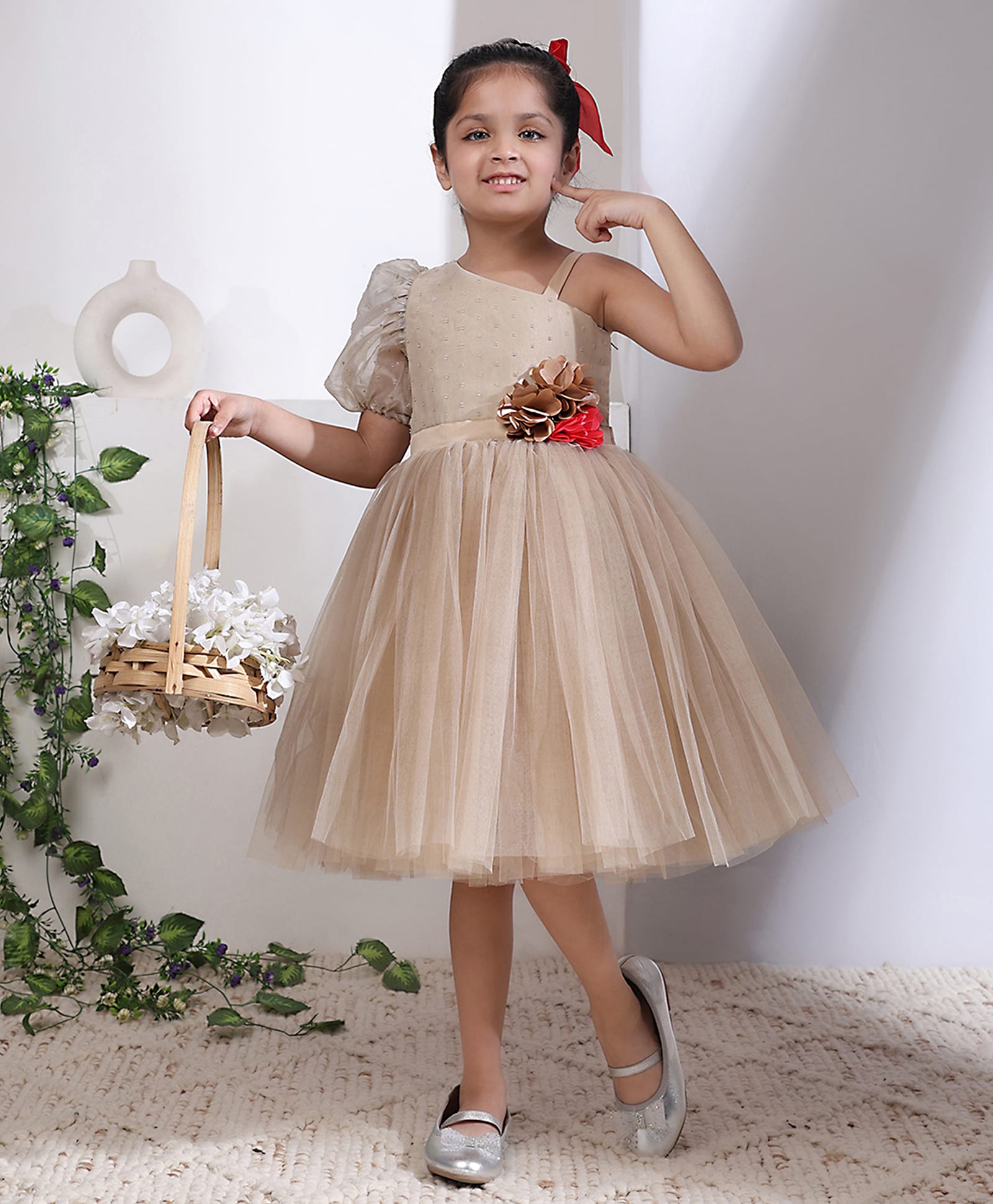 Toy Balloon Kids Net Woven Half Puffed Sleeves Floral Applique Detailed Dress - Beige-image-6