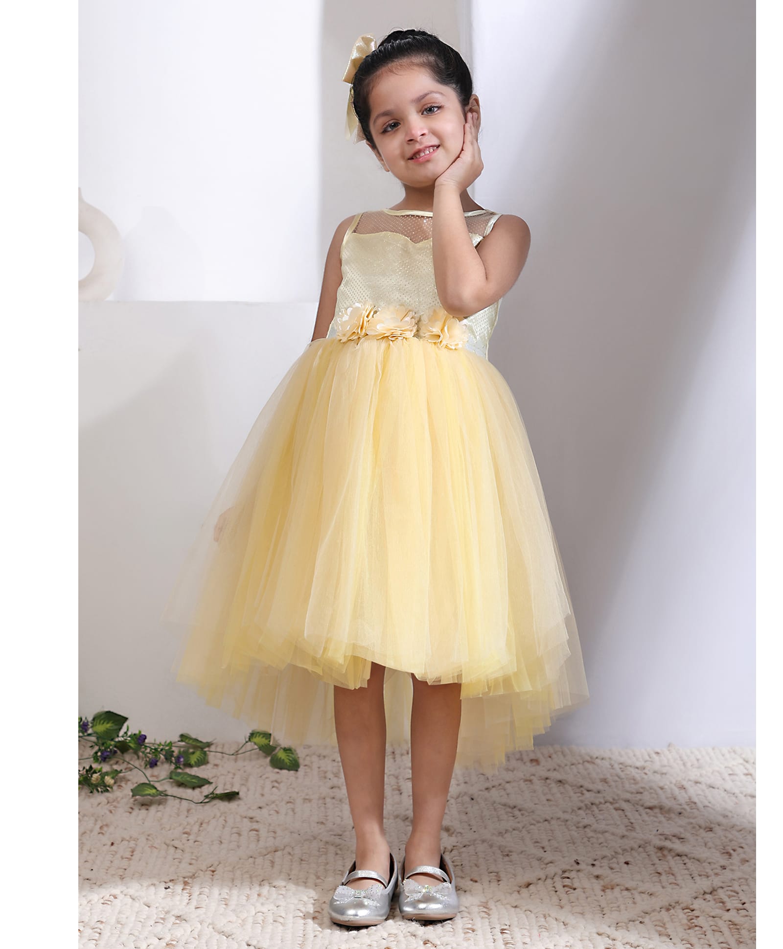 Toy Balloon Kids Satin Woven Sleeveless Floral Applique Detailed Dress - Lemon Yellow-image-39