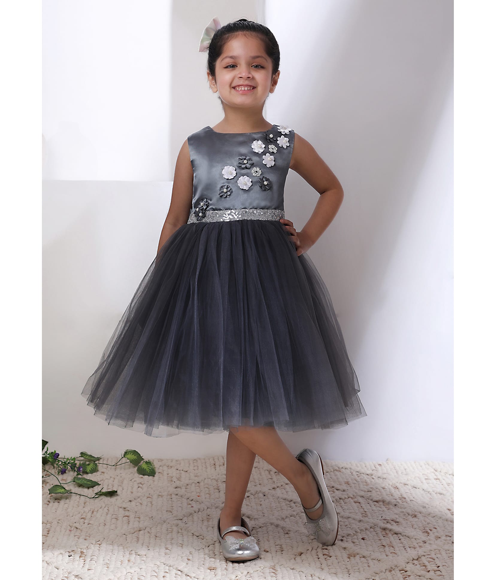 Toy Balloon Kids Satin Woven Sleeveless Floral Applique Detailed Dress - Grey-image-3
