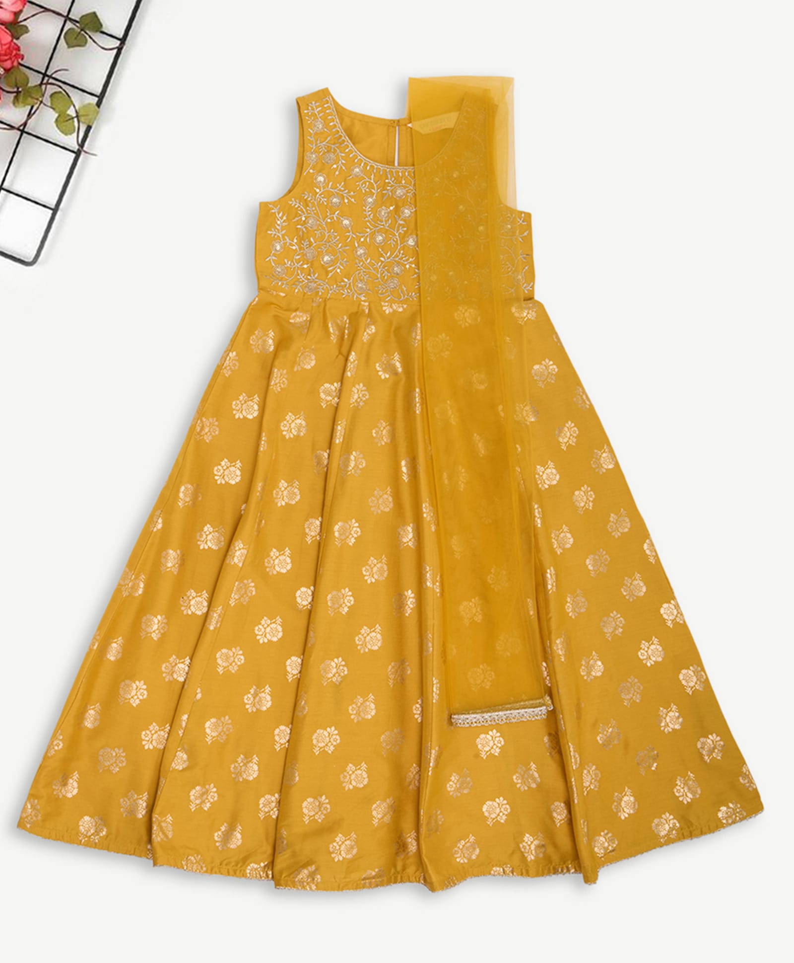 Akkriti by Pantaloons Woven Sleeveless Floral Embroidered & Printed Dress With Dupatta Set - Yellow-picture-14