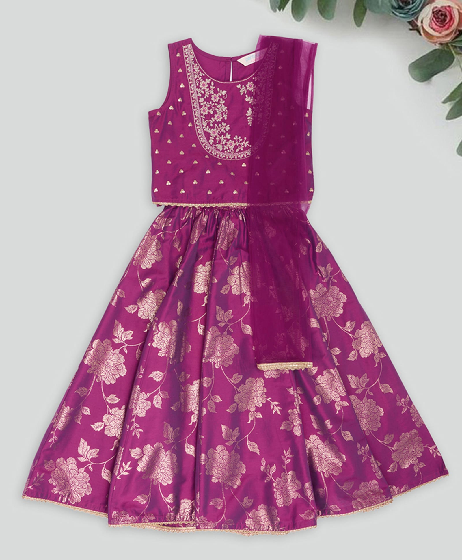 Akkriti by Pantaloons Woven Sleeveless Floral Embroidered Sequins Embellished Lehenga & Choli With Dupatta Set - Purple-picture-31