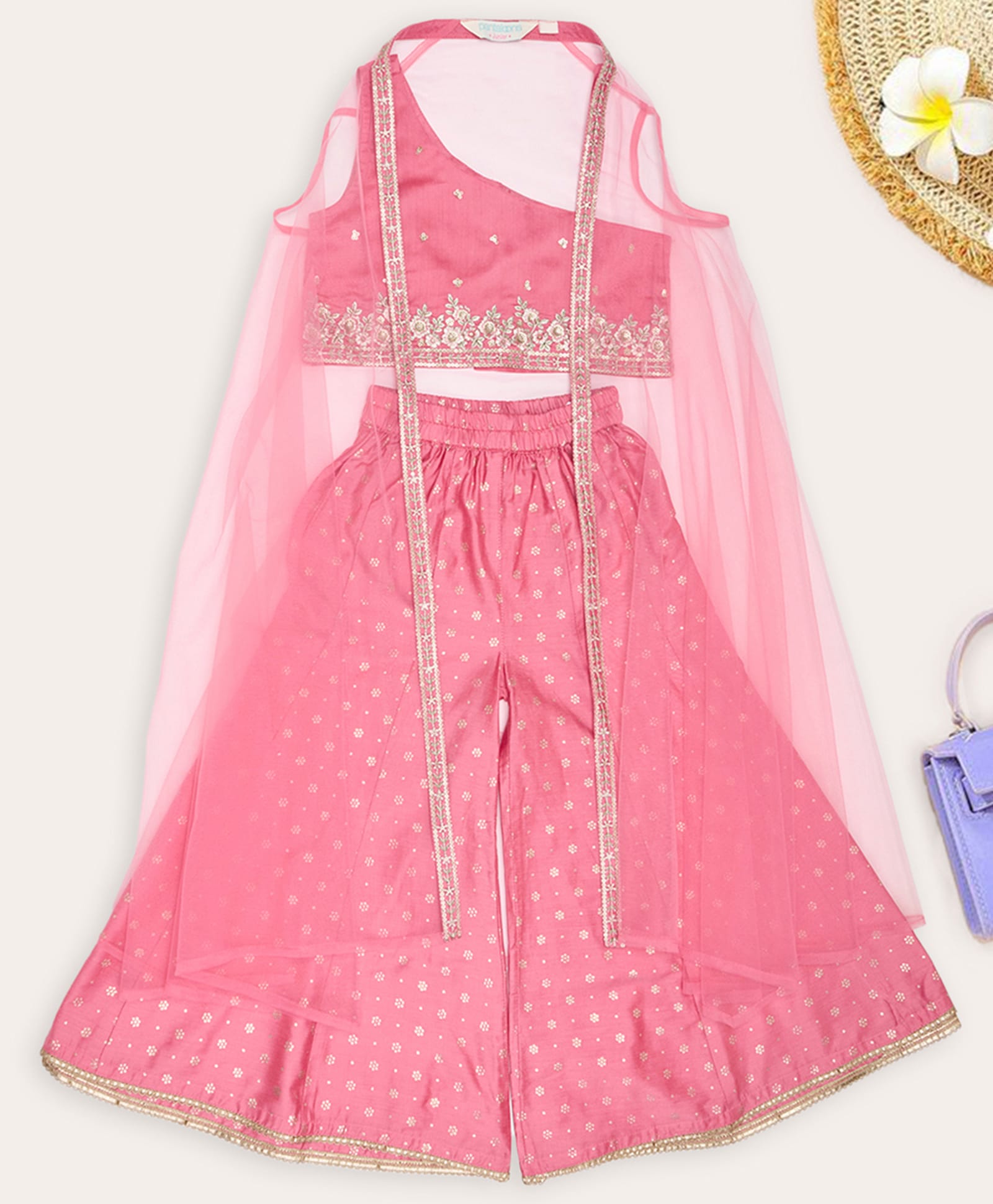 Akkriti by Pantaloons Woven One Shoulder Sleeveless Floral Embroidered Sequins Embellished Crop Top & Palazzo With Jacket Set - Pink-image-1