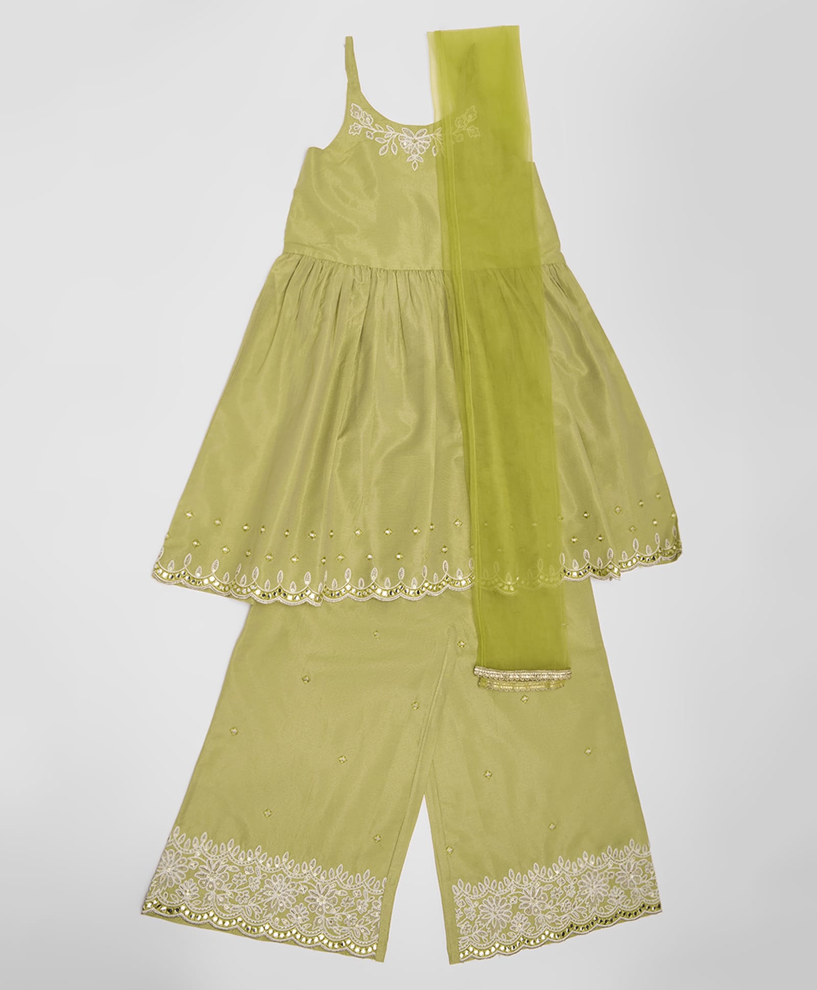 Akkriti by Pantaloons Woven Sleeveless Sequin Embellished Floral Embroidered Kurti Salwar Set With Dupatta - Olive Green-image-12