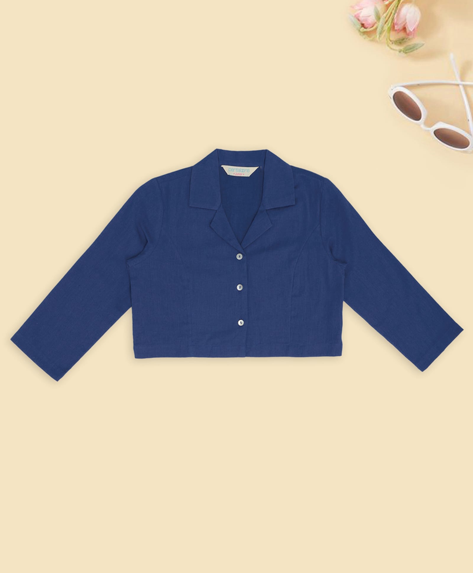 Akkriti by Pantaloons Cotton Flax Woven Three Fourth Sleeves Solid Shirt Style Crop Top - Navy Blue-image-17