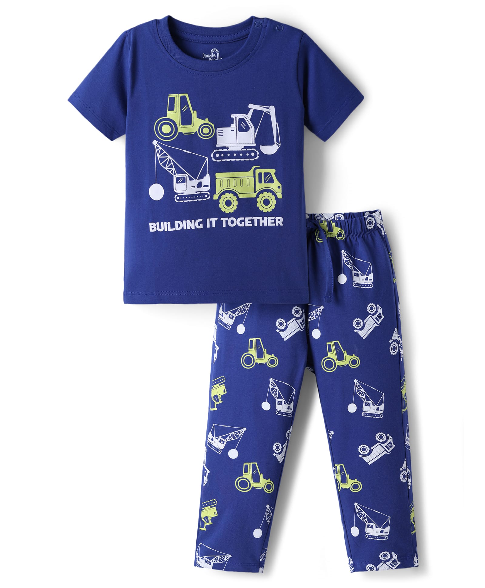 Doodle Poodle 100% Cotton Knit Half Sleeves T-Shirt & Pyjama Night Suit with Vehicle Print - Navy Blue-picture-46