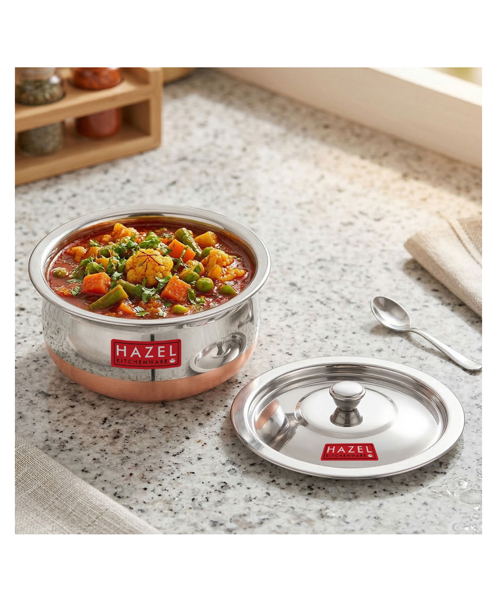 HAZEL Copper Bottom Handi Small 850 ml with Lid | Stainless Steel Cookware Handi | Copper Bottom Vessels for Cooking | Steel Utensils for Kitchen | Small Steel Vessels for Cooking-image-33
