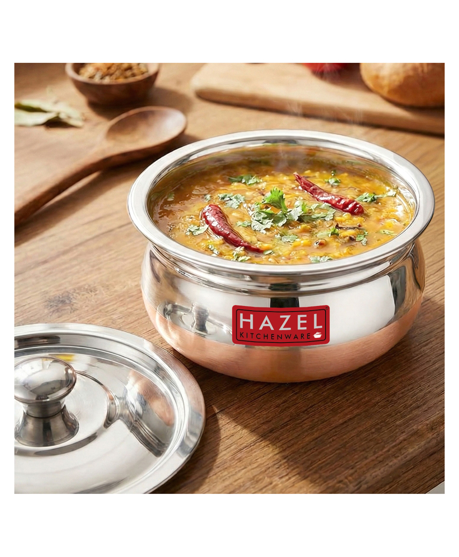 HAZEL Copper Bottom Handi Medium 1200 ml with Lid | Stainless Steel Cookware Handi for Kitchen | Copper Bottom Vessel for Cooking | Steel Utensil for Cooking & Serving-image-44