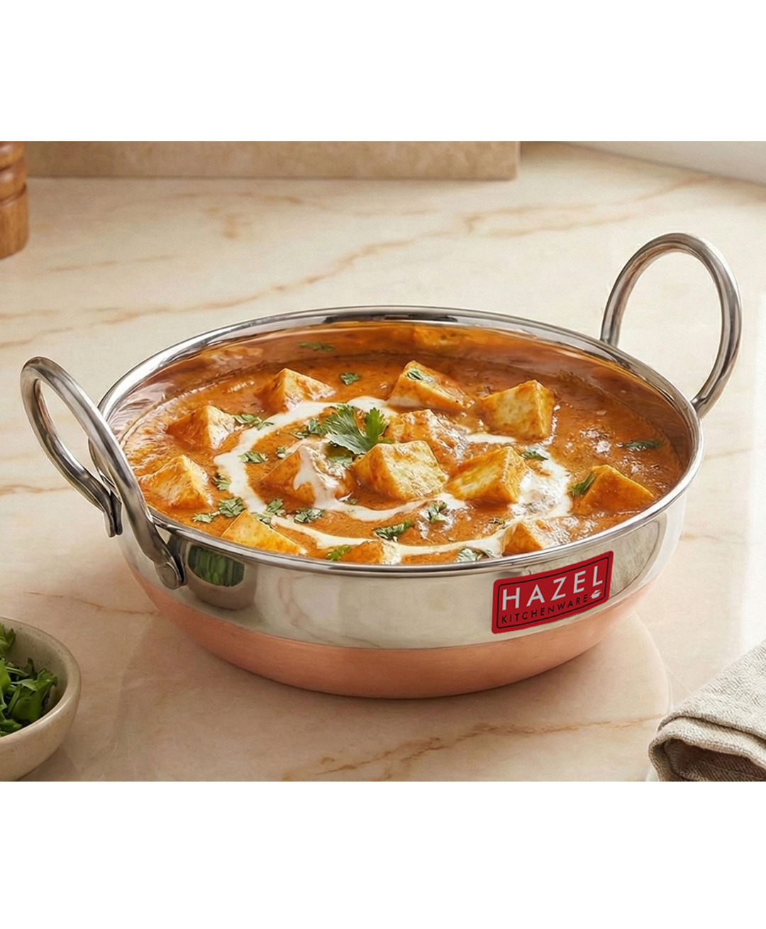 HAZEL Stainless Steel Copper Bottom Kadhai with Glossy Finish, 1000 ml | Heavy Duty Steel Cooking Vessel | Deep Frying Pan Utensil for Kitchen-image-3