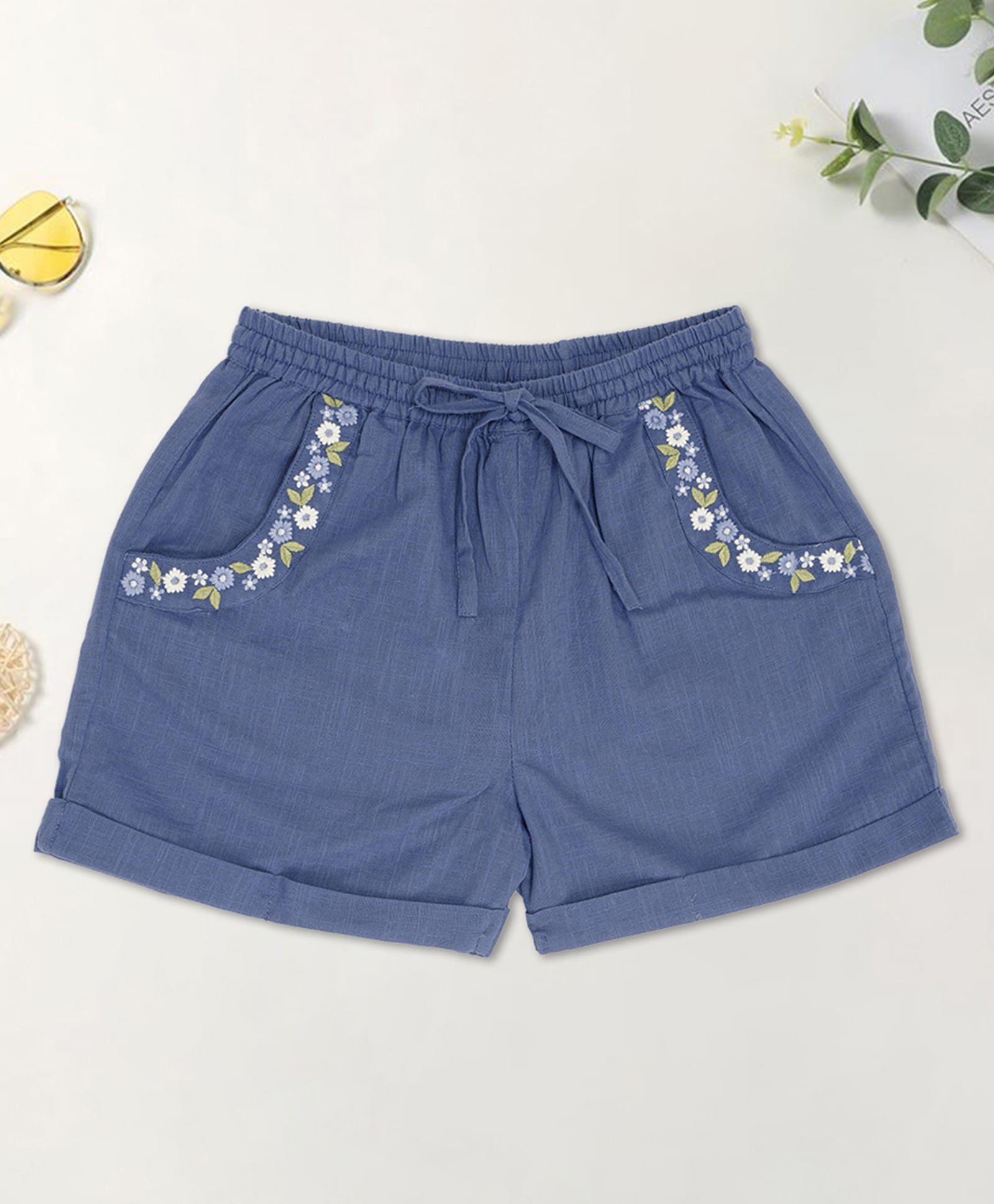 Akkriti by Pantaloons Cotton Woven Floral Embroidered Shorts - Blue-picture-11