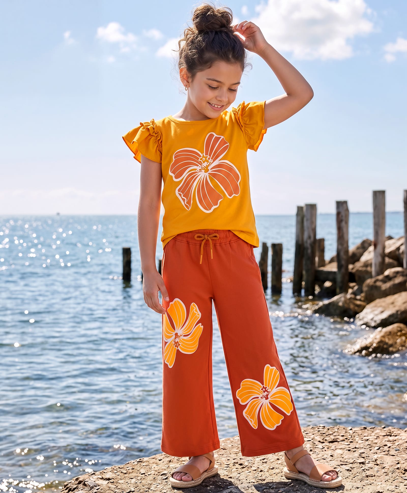 OLLINGTON ST. Cotton Knit Frill Half Sleeves Top With Print & Culottes Set - Rust Orange-image-32