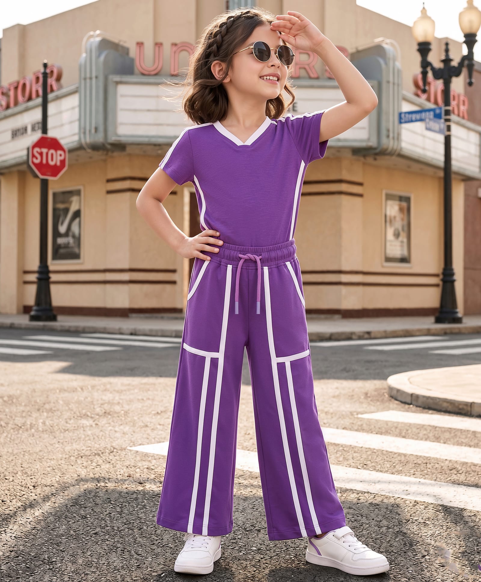 OLLINGTON ST. Sinker Knit Half Sleeves Top & Flared Culottes - Purple-image-7