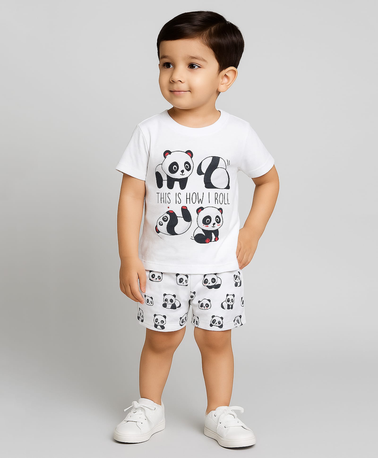 Tiny Hugs Cotton Knit Half Sleeves Panda Printed Tee & Shorts Set - White-image-23