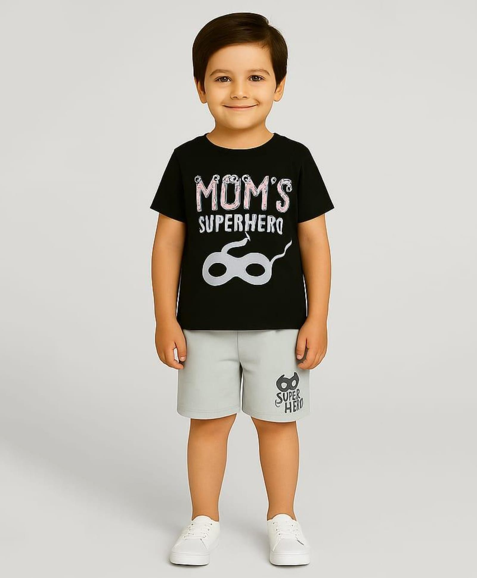 Tiny Hugs Cotton Knit Half Sleeves Moms Superhero Text Printed Tee & Shorts Set - Black-image-24