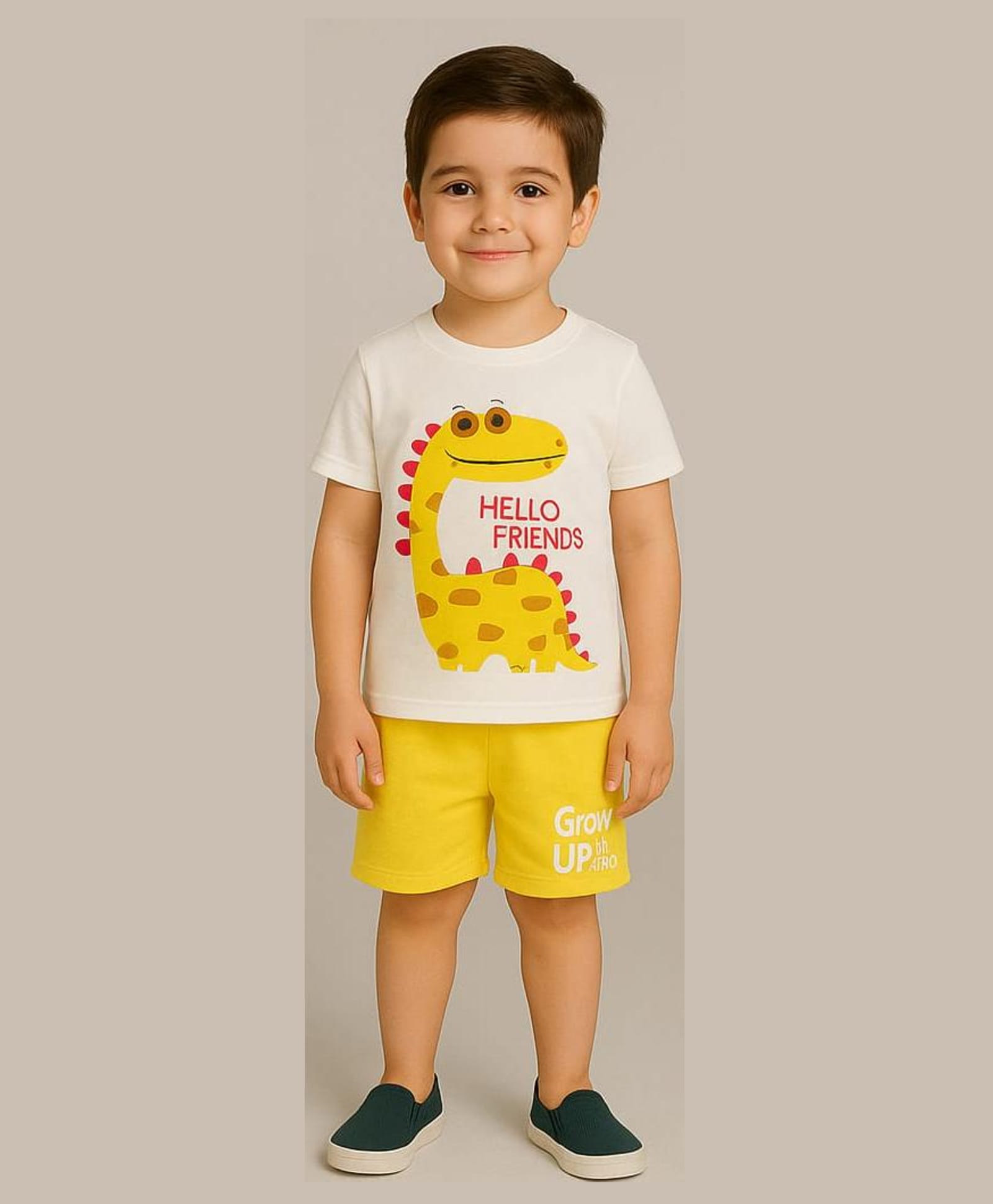 Tiny Hugs Cotton Knit Half Sleeves Hello Friends Text & Dinosaur Printed Tee & Shorts Set - White-image-32