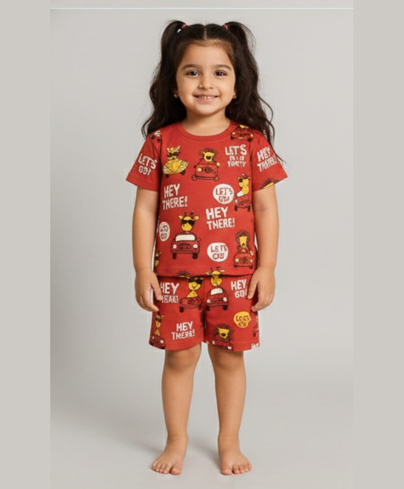 Tiny Hugs Cotton Knit Half Sleeves Car Printed Coordinating Tee & Shorts Set- Red-image-21