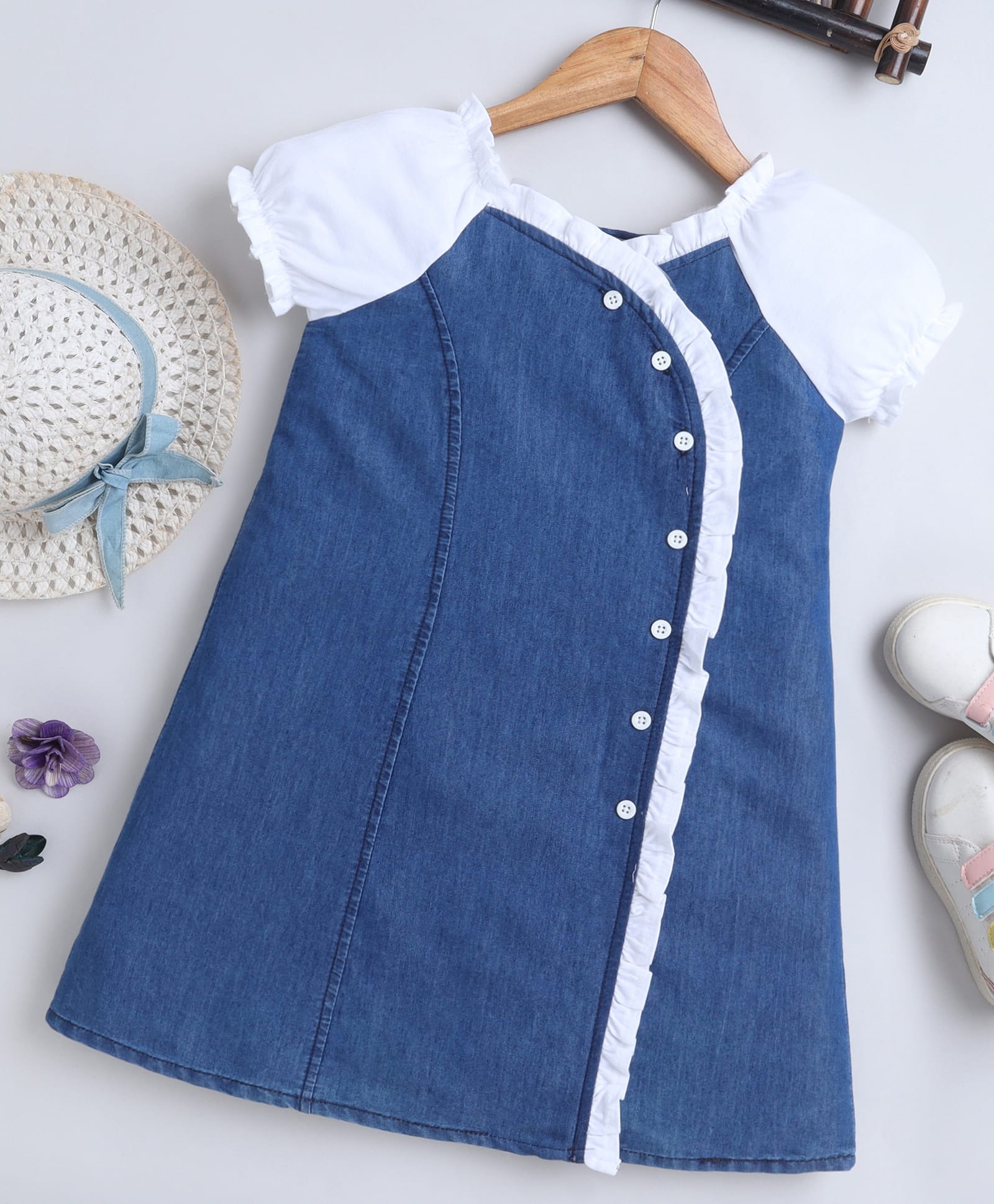 Bright Stars KIDSWEAR Denim Woven Half Puffed Sleeves Cut & Sew Detailed Dress - Blue-image-19