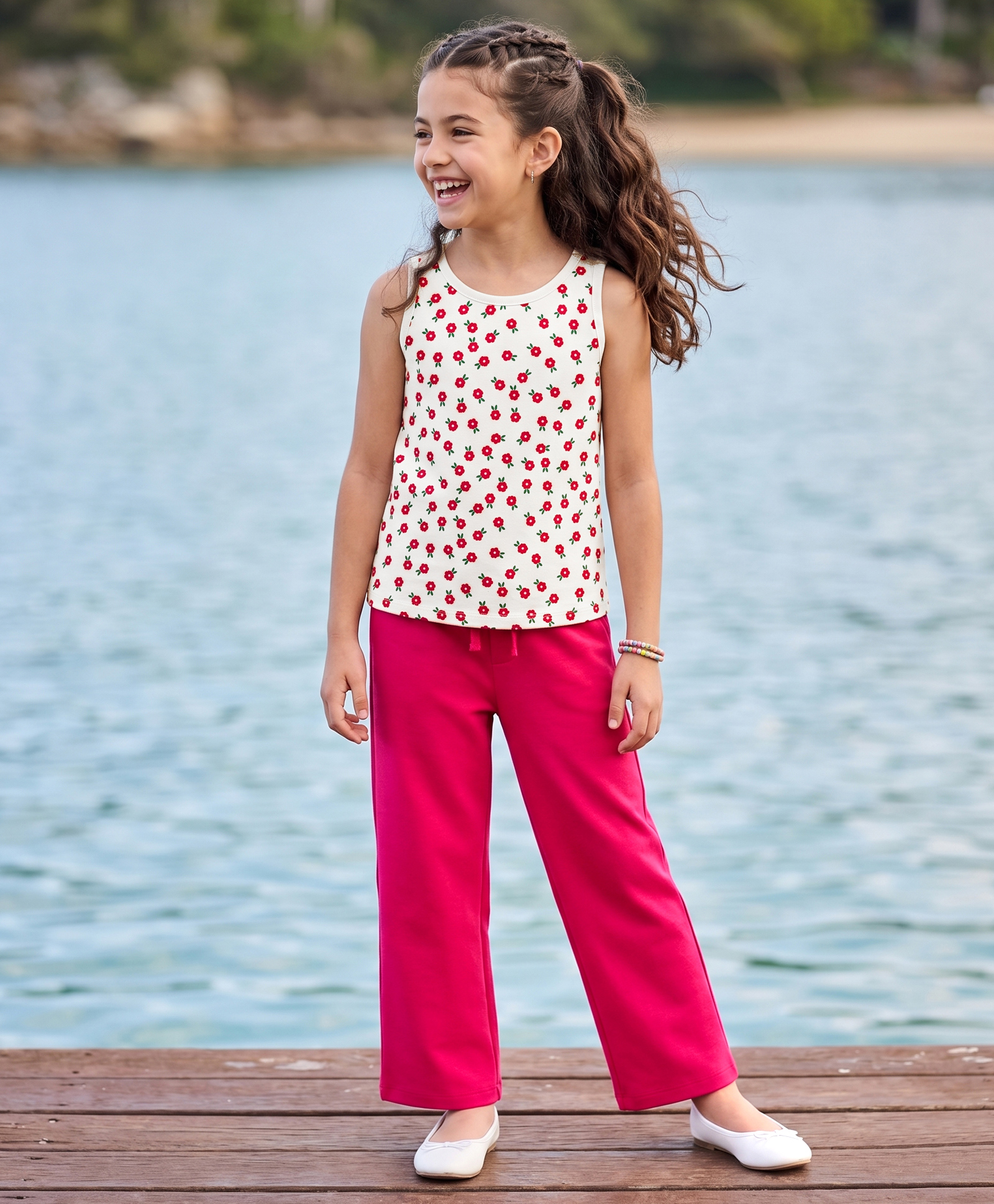 Pine Kids Cotton Knit Sleeveless Top & Pant Set With Floral Print - Offwhite-image-8